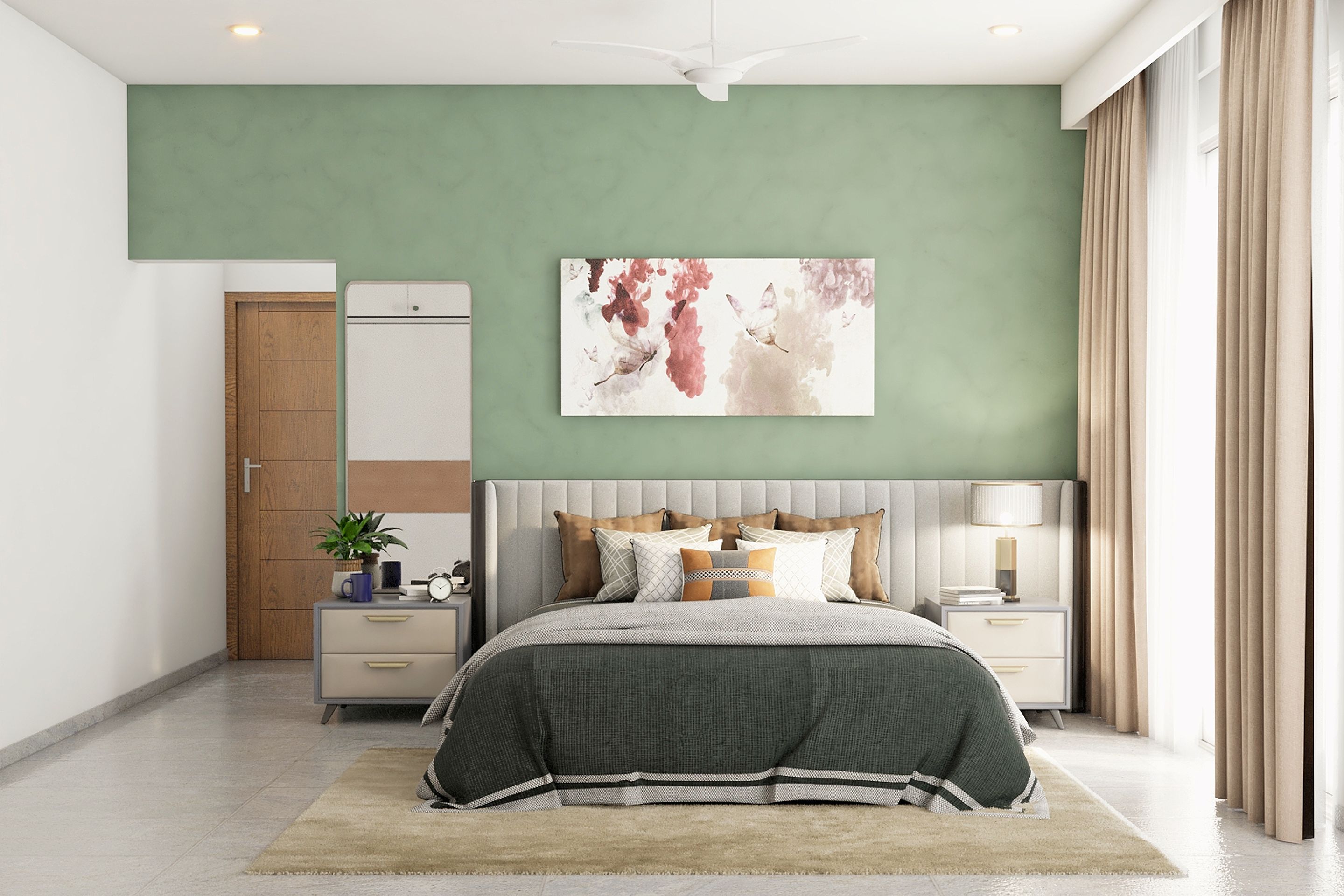 Spacious Master Bedroom Design With Grey Headboard | Livspace