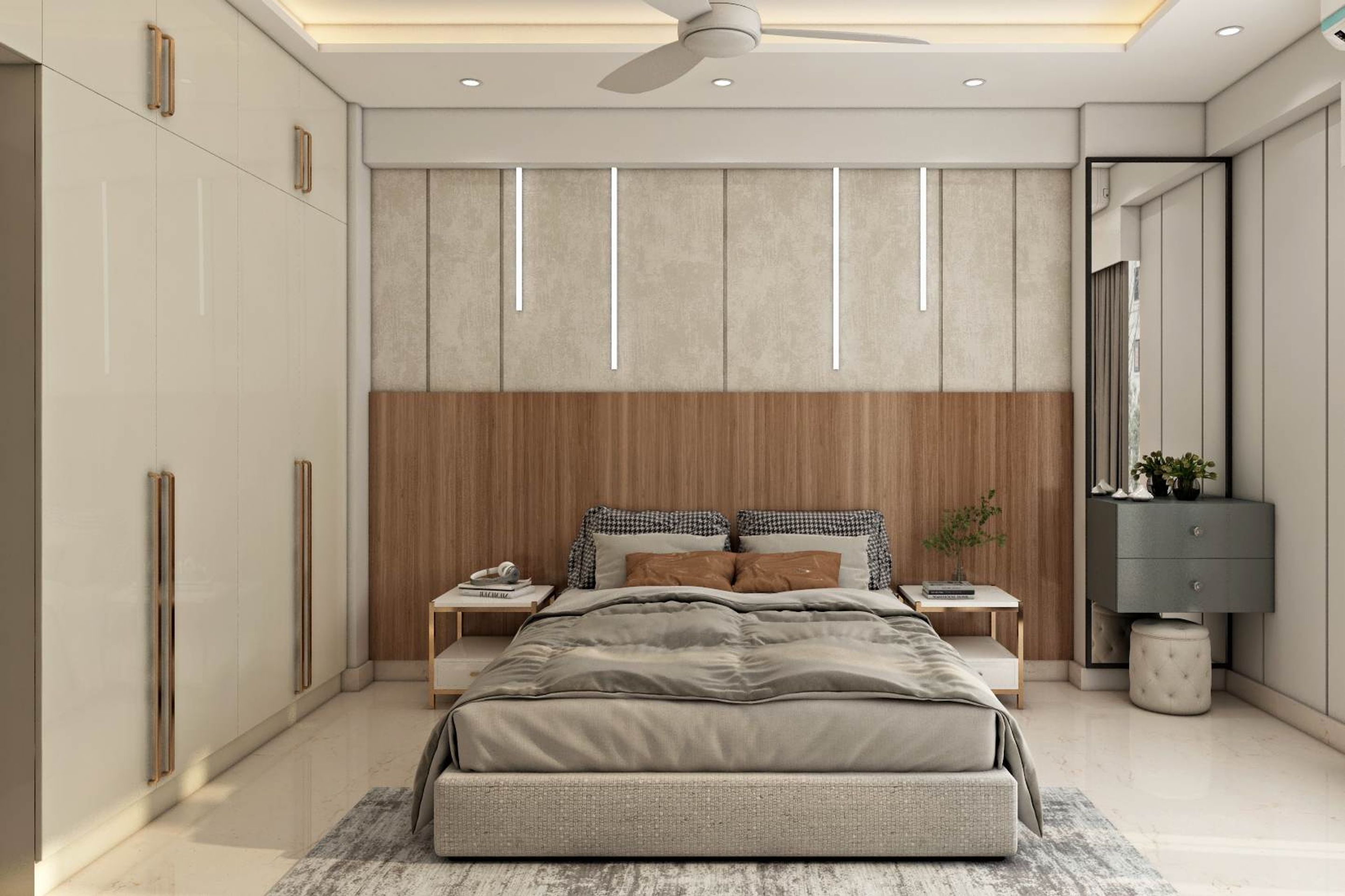 Spacious Bedroom Design With A Floor-To-Ceiling Wardrobe And A Dresing ...