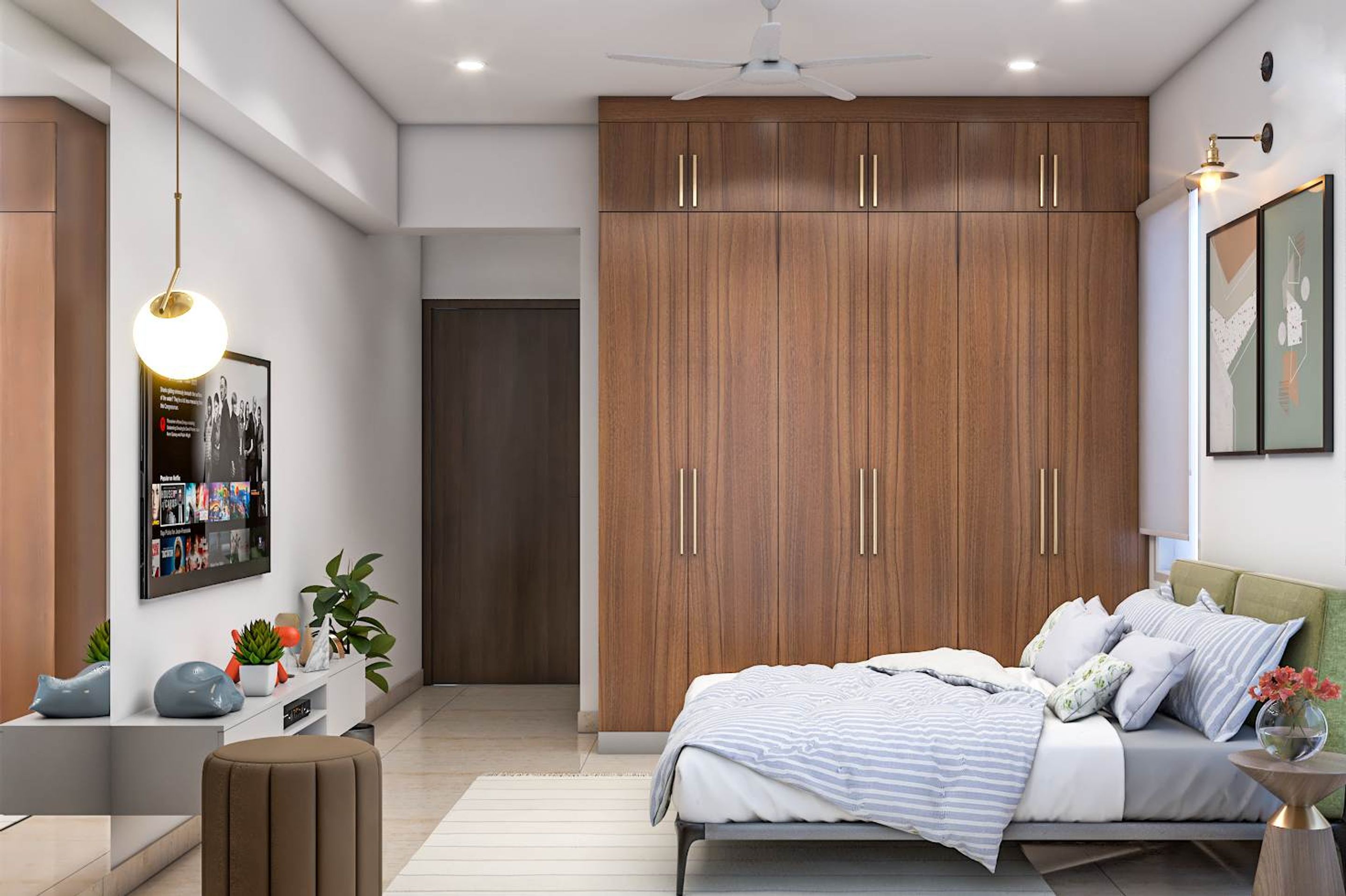 Spacious Bedroom Design With Wooden Side Tables And Wardrobe | Livspace