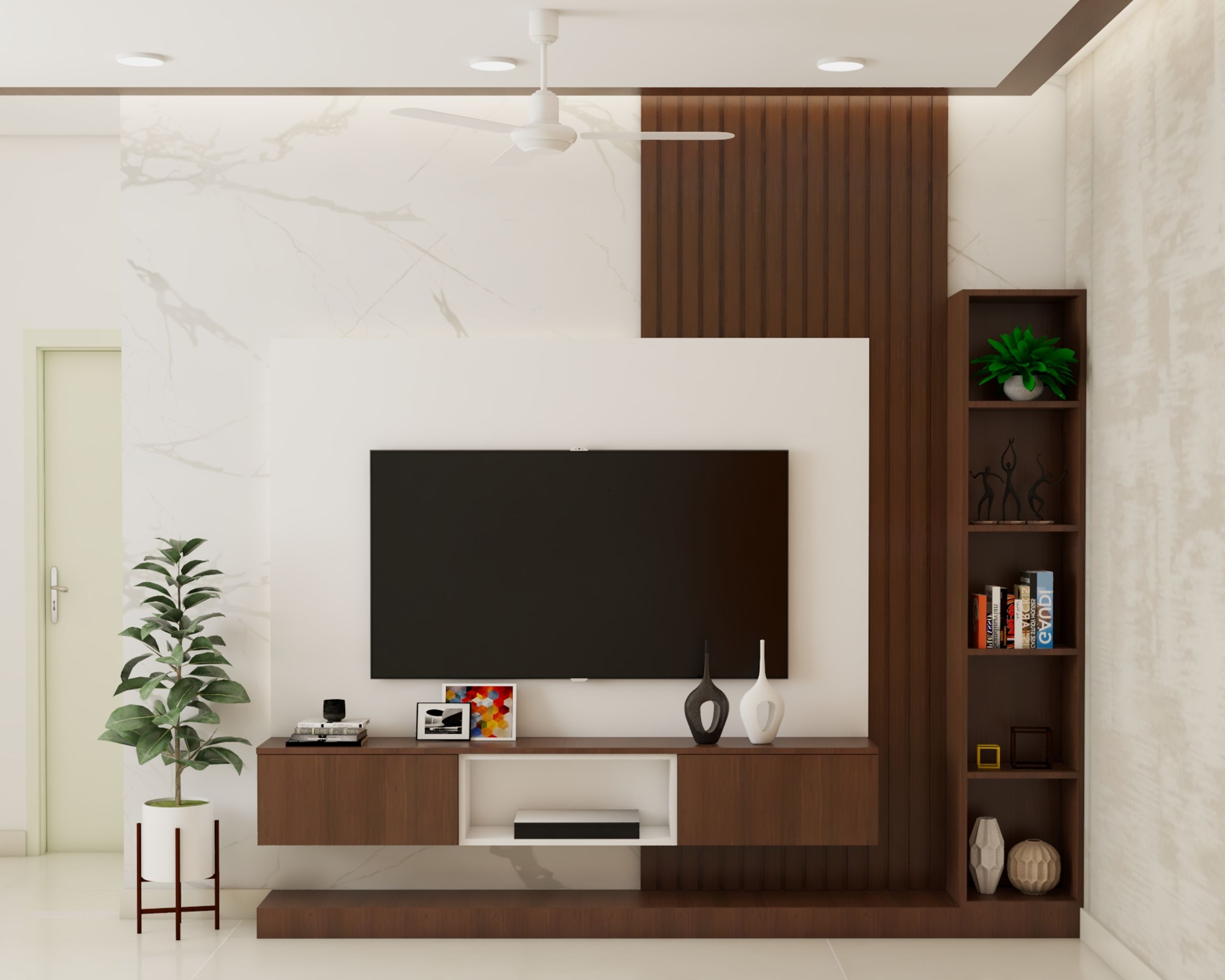 Spacious Tv Unit Design In White And Wood With Fluted Panels Livspace 5016