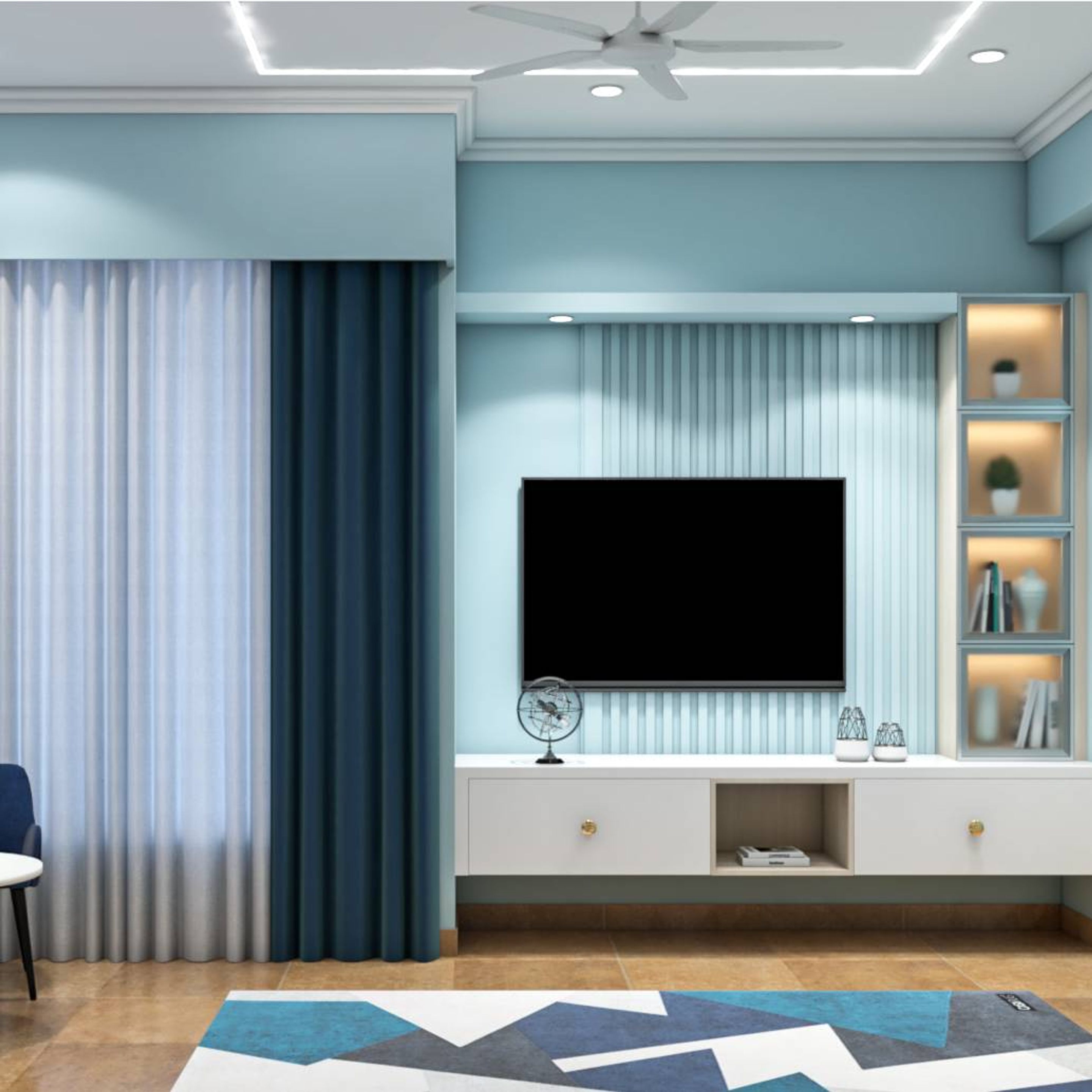 Spacious TV Unit Design With Blue Shaded Panelling | Livspace