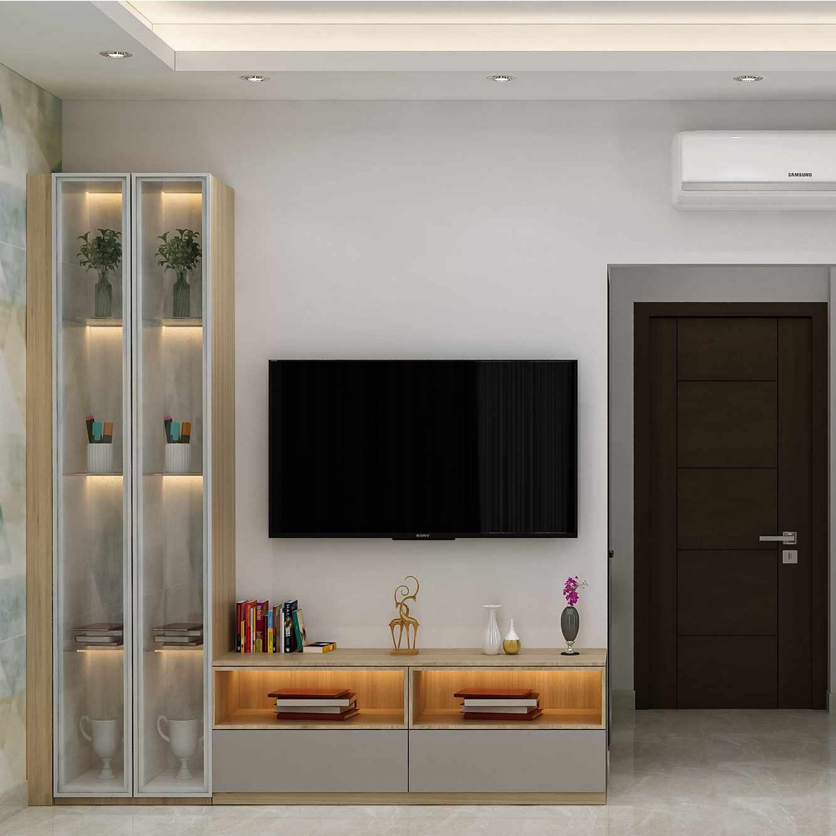 Compact TV Unit Design With WarmColoured Lighting and Tall Unit Livspace