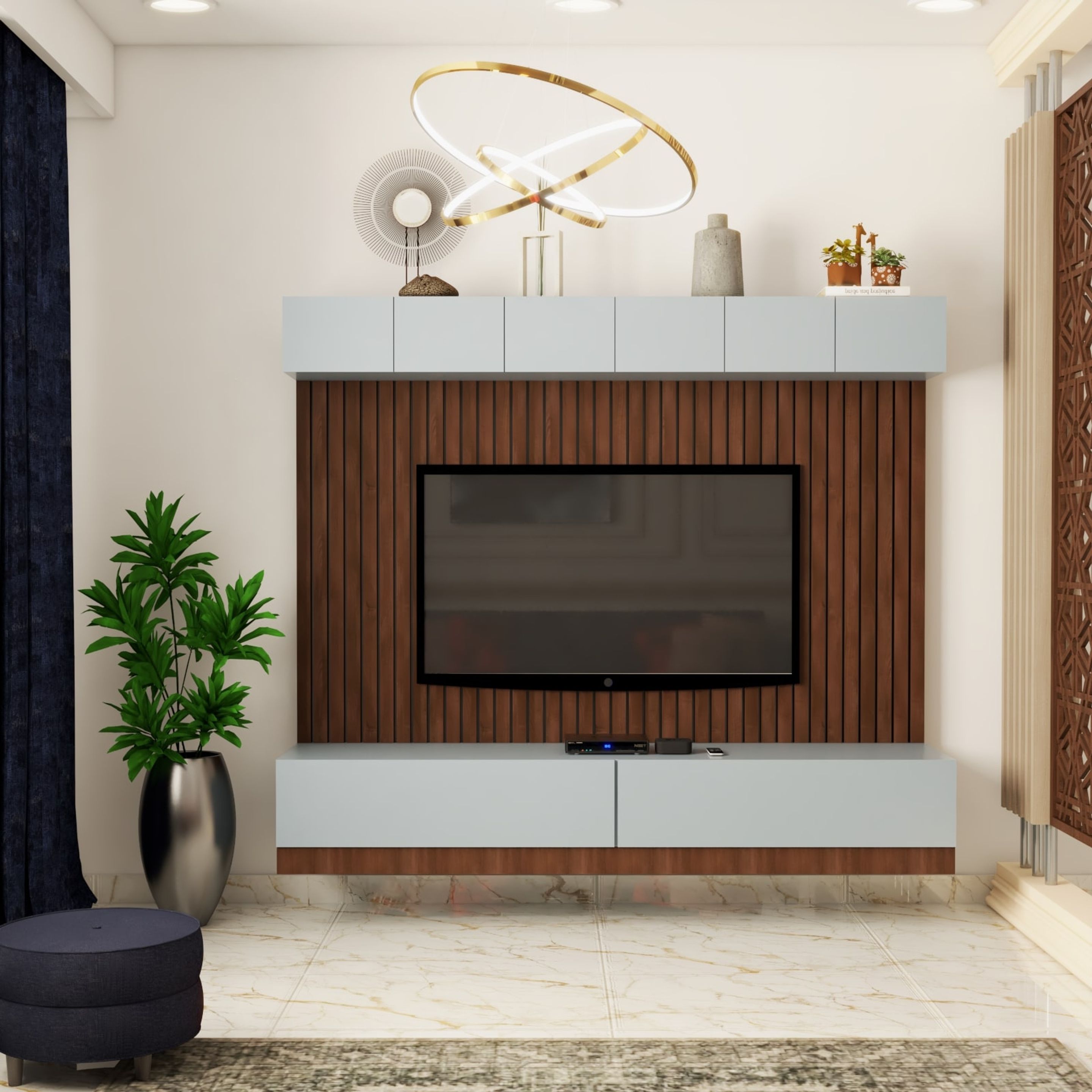 Contemporary TV Unit Design with Dark Shaded Wooden Panels and Blue ...