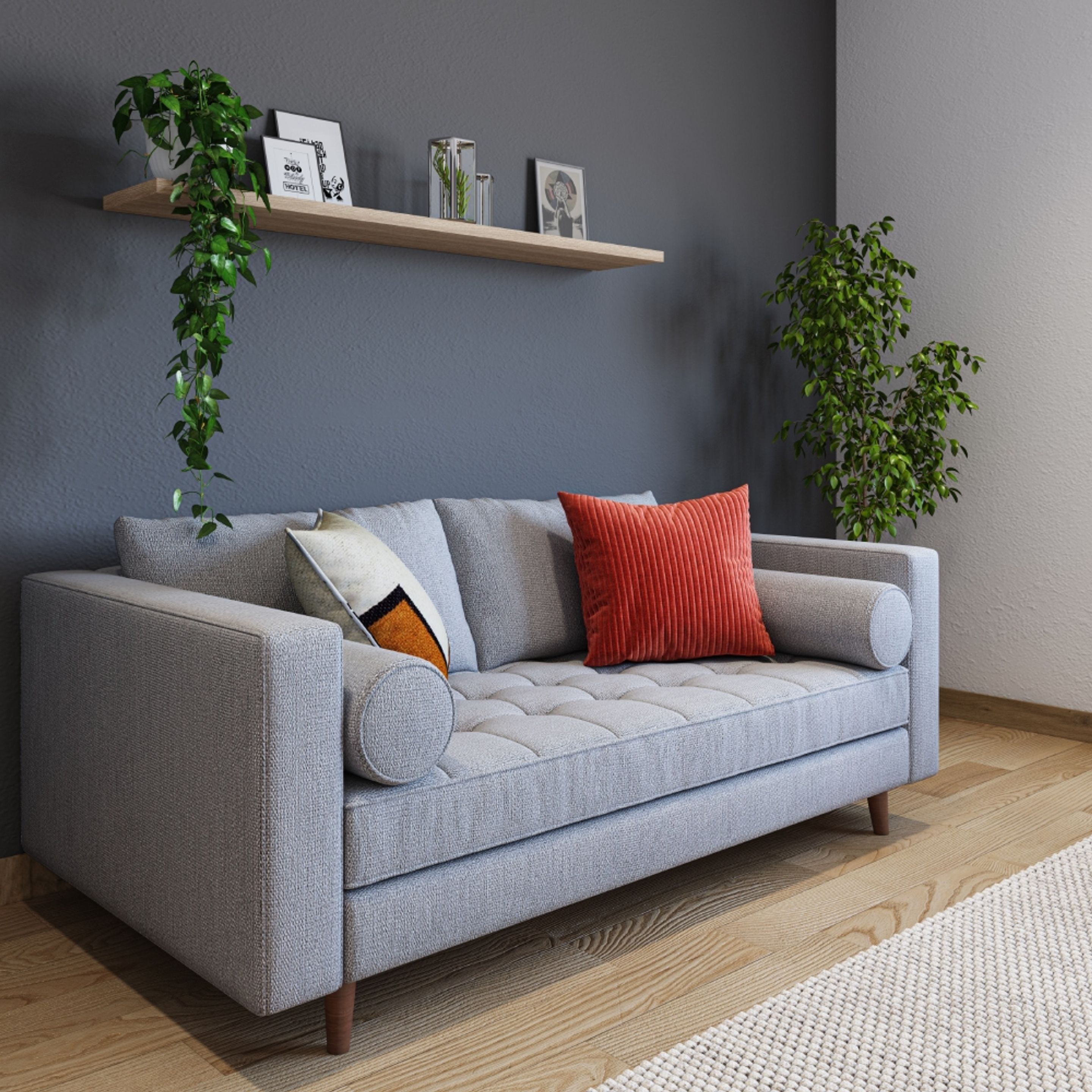 Living Room Design With Grey Sofa And Dark Grey Accent Wall - 12x11 Ft ...