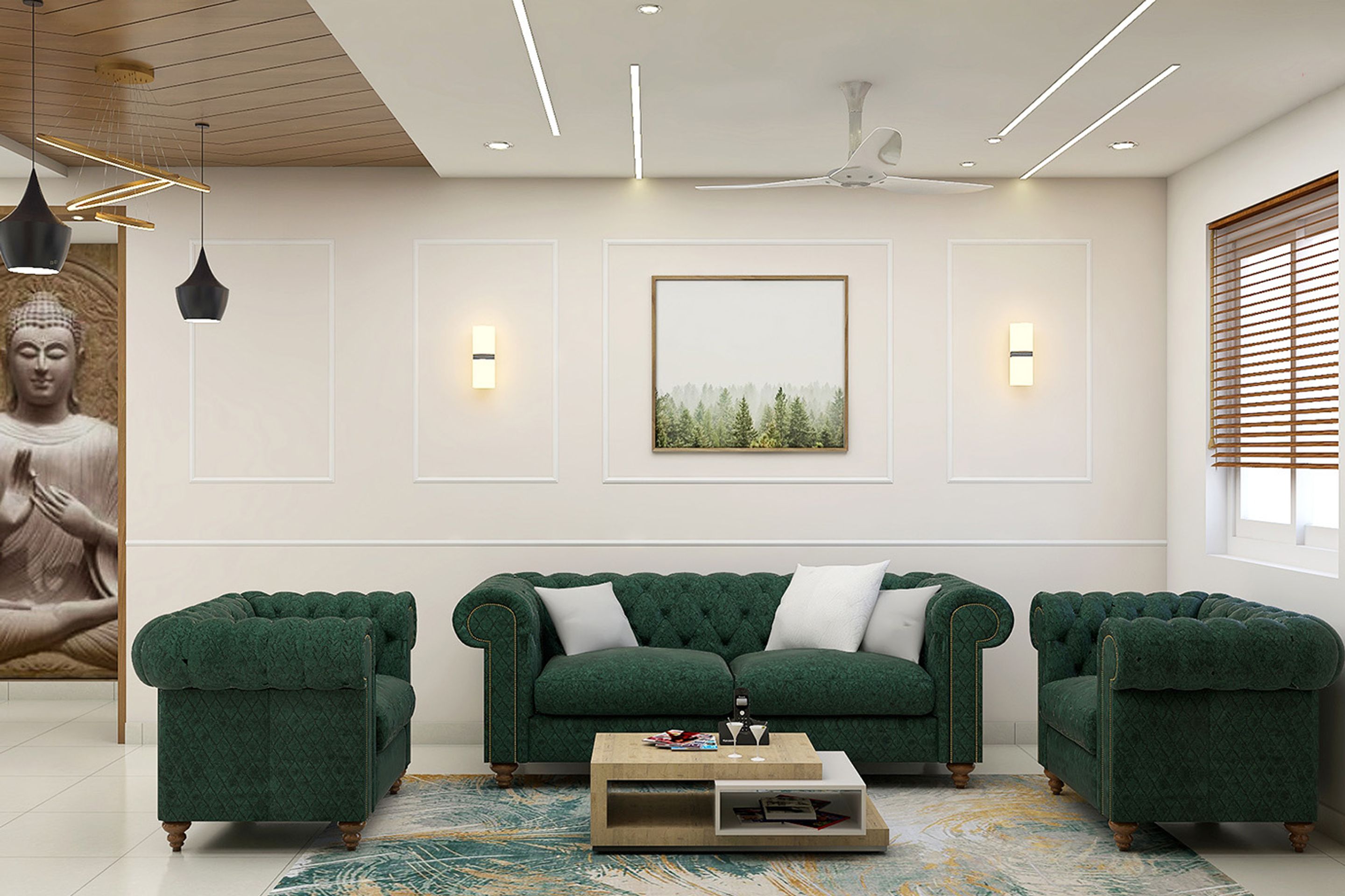 Living Room Design With Dark Green Chesterfield Sofa | Livspace