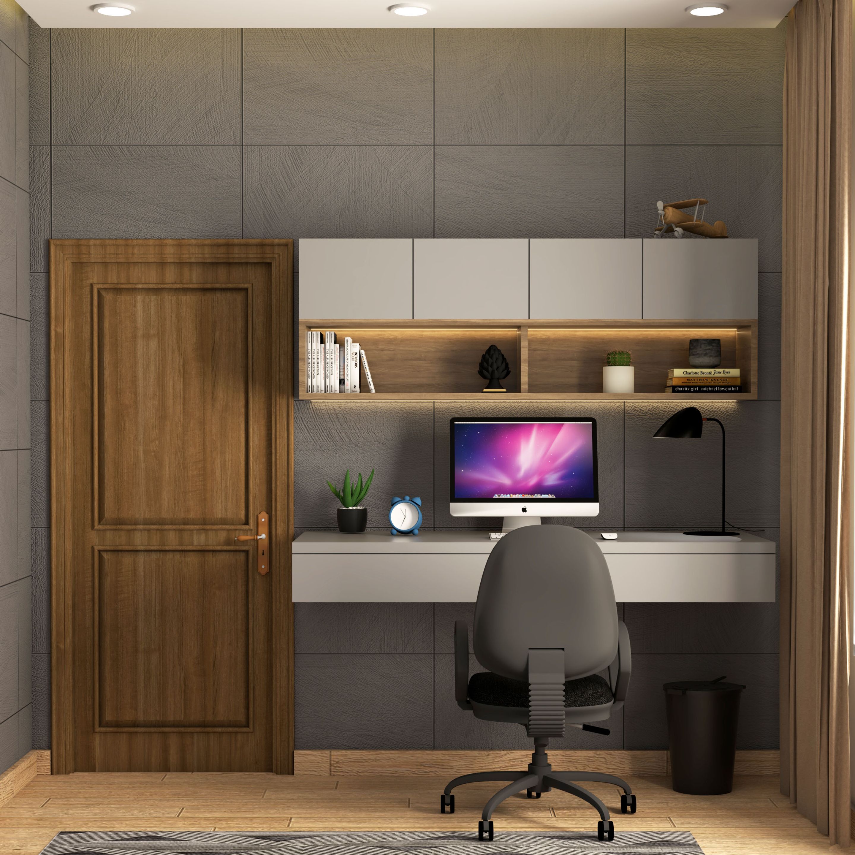 Rustic Study Rom Design In Grey And Wood With Swivel Chair | Livspace