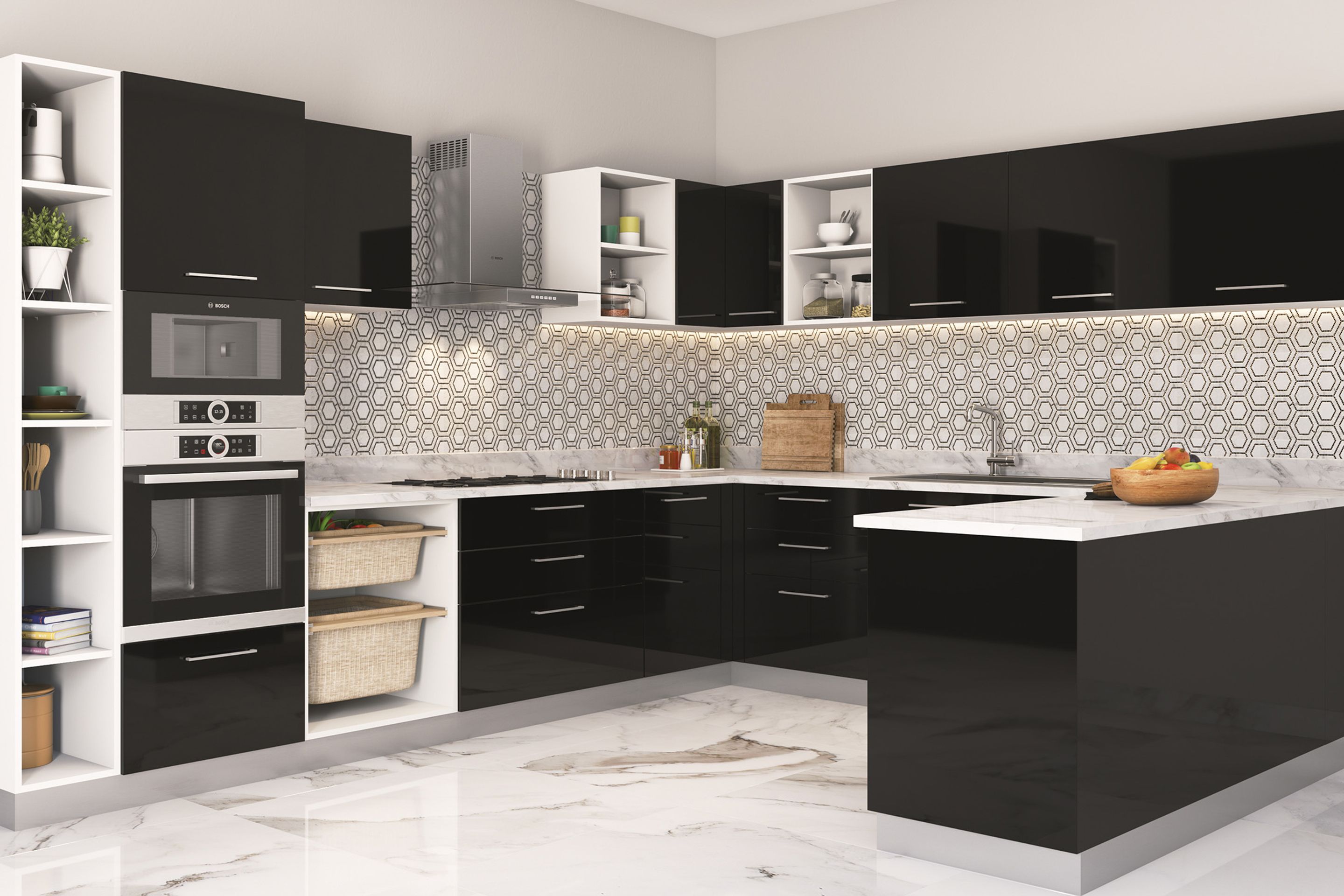 Porcelain Black And White Hexagonal Kitchen Tile Design | Livspace