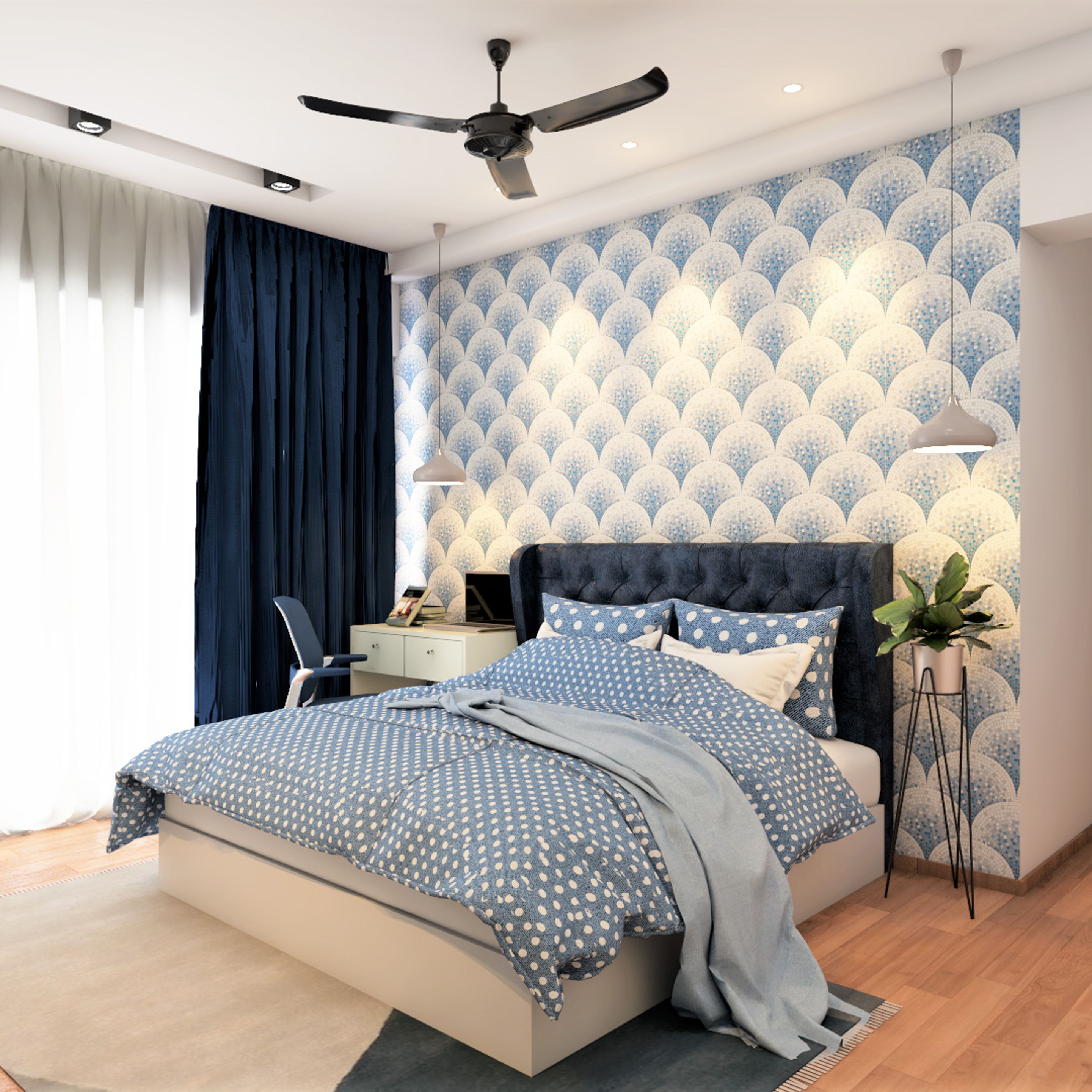 Blue Mosaic Wallpaper Design For Bedrooms Livspace