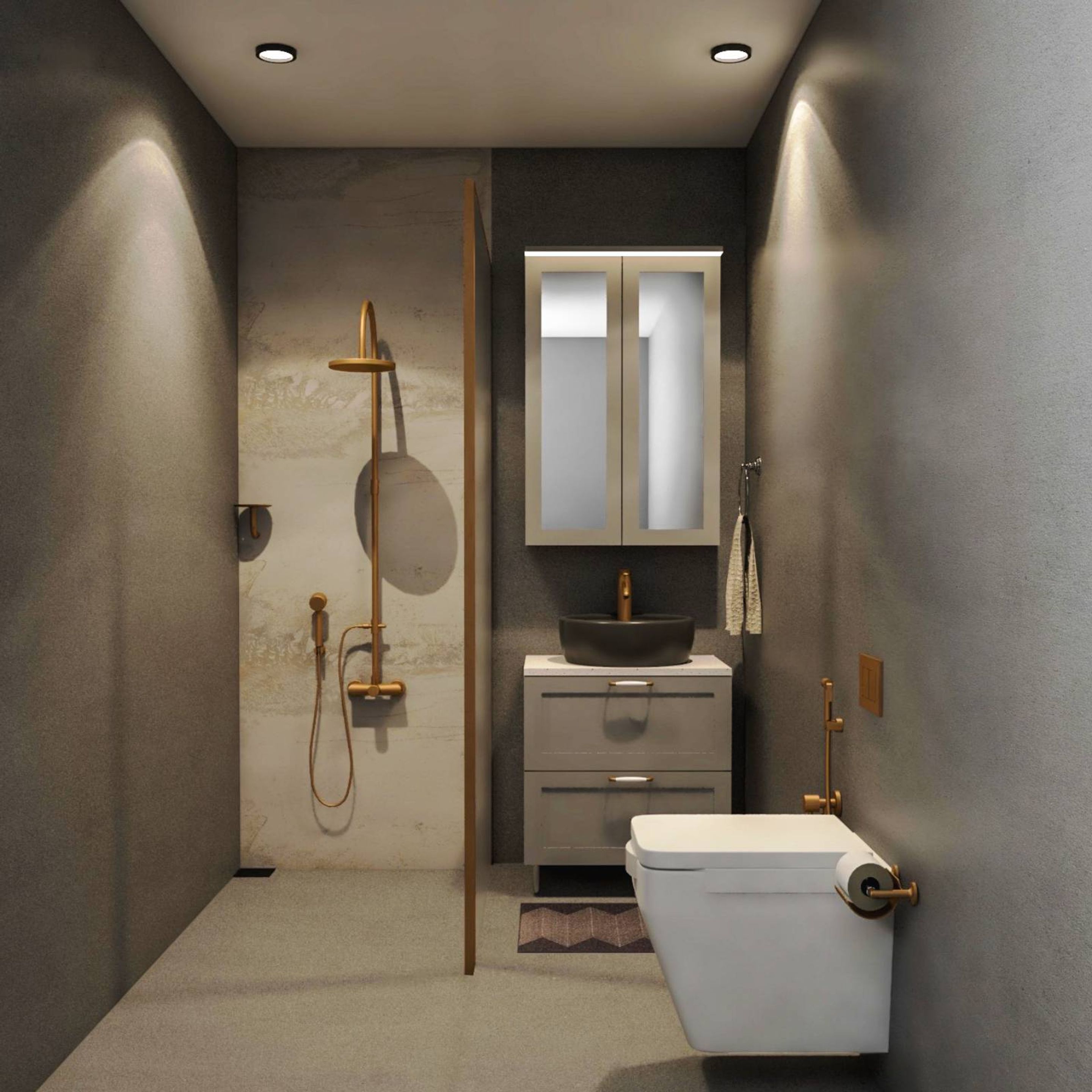 Grey And Beige Bathroom Design With Quartz Countertop Livspace