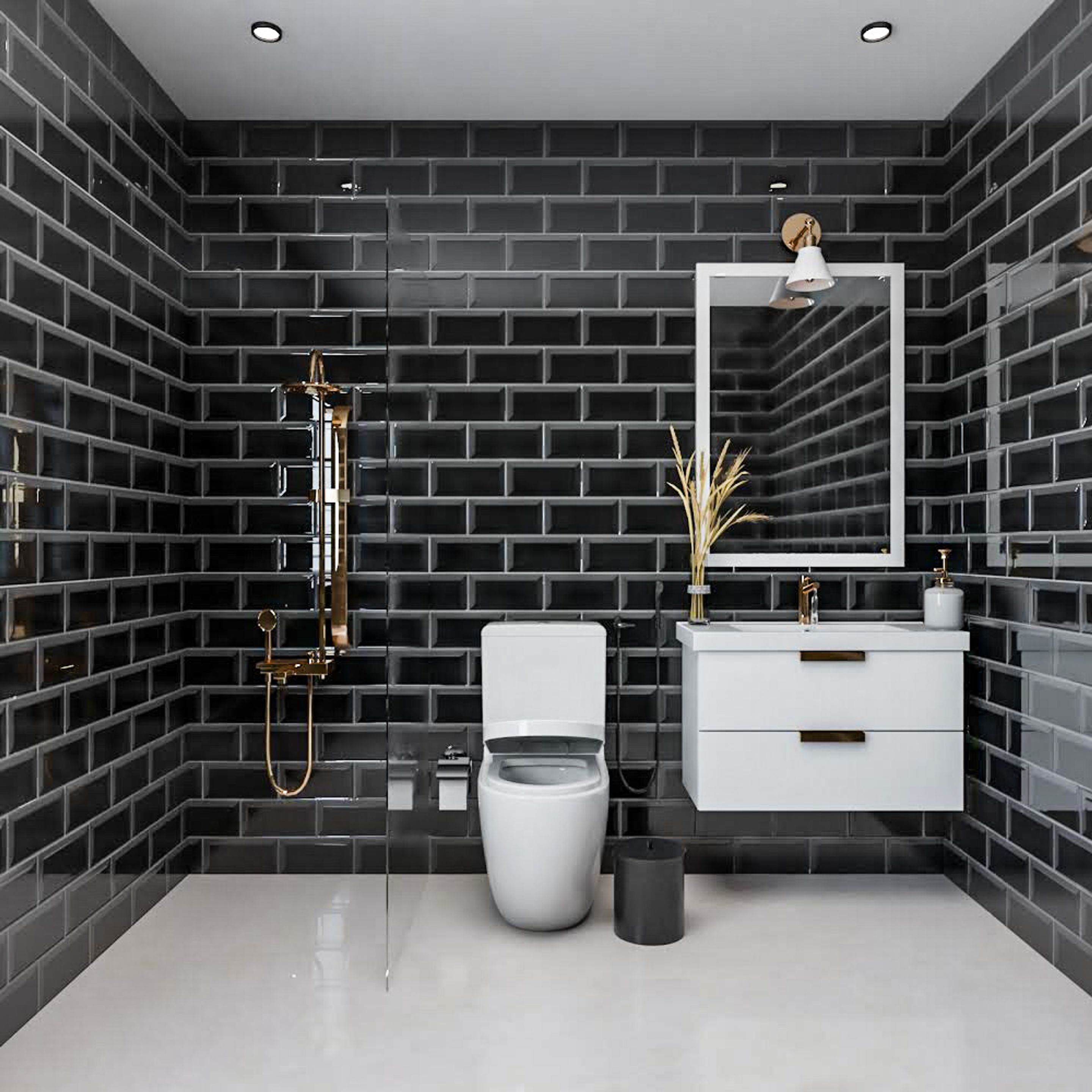 Black And Cream Bathroom Design With White Storage | Livspace