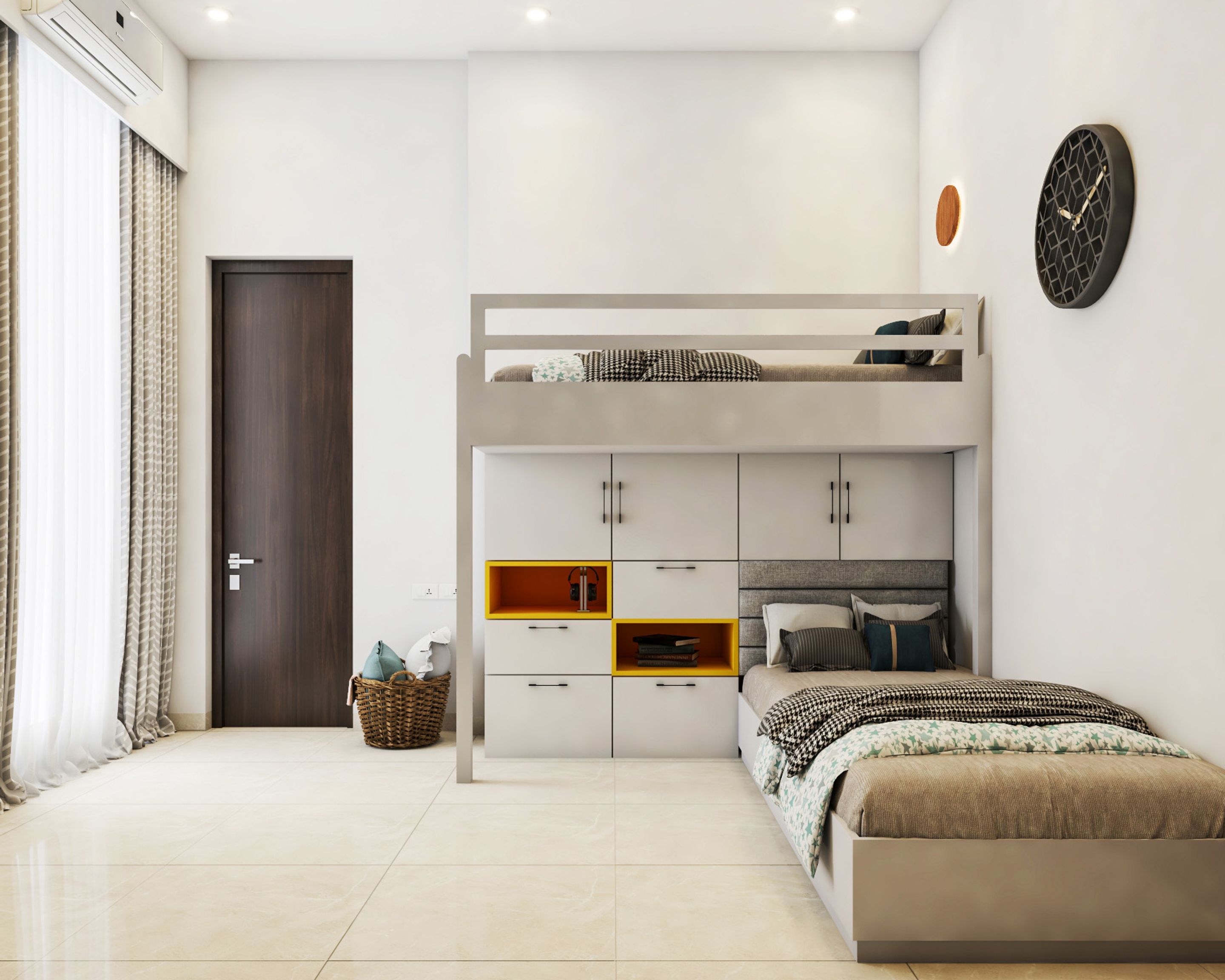 Kids Room Design With Perpendicular Bunk Bed And Under-Bed Storage ...