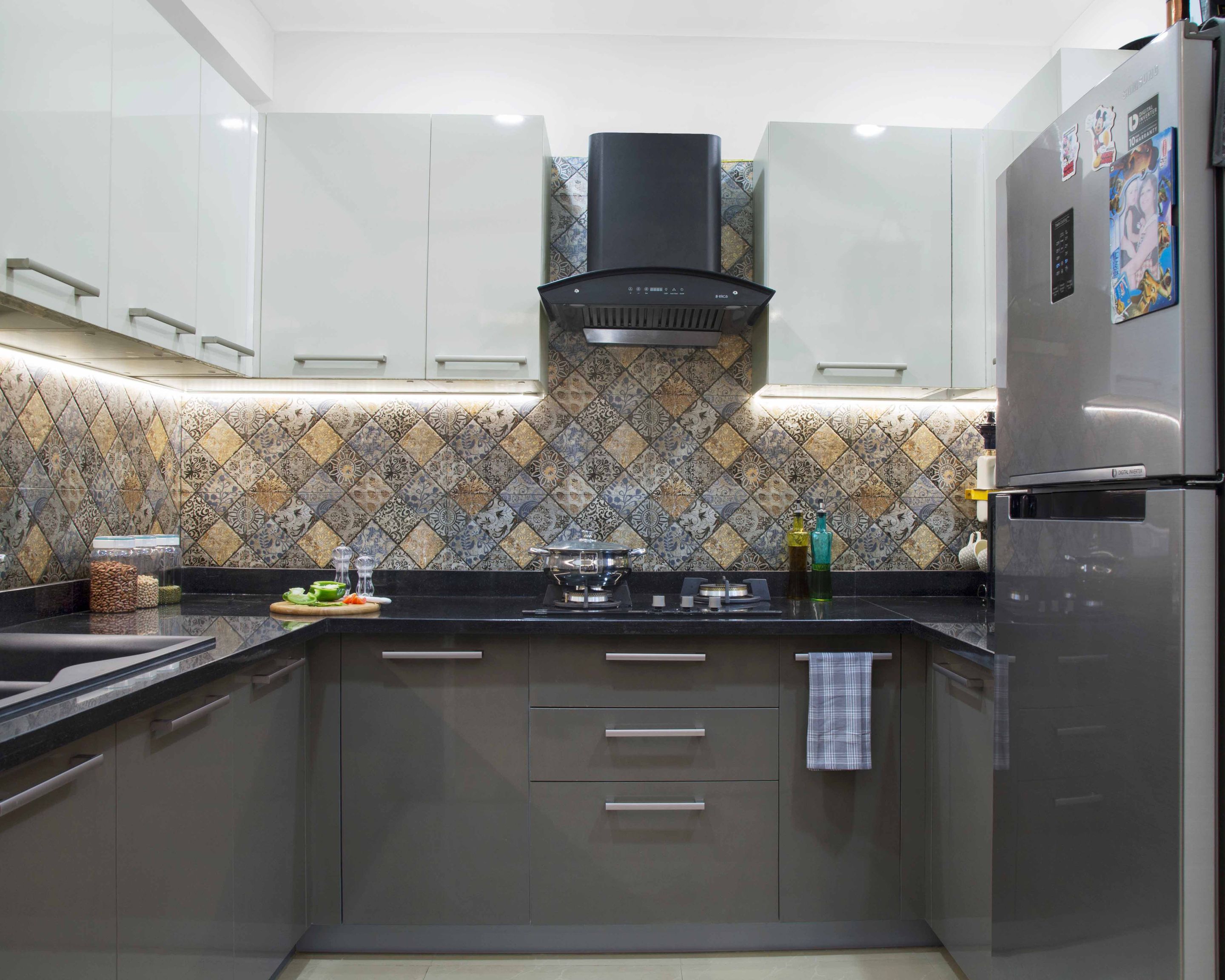 Grey And White Modular U-Shaped Kitchen Design With Diamond-Shaped Backsplash | Livspace