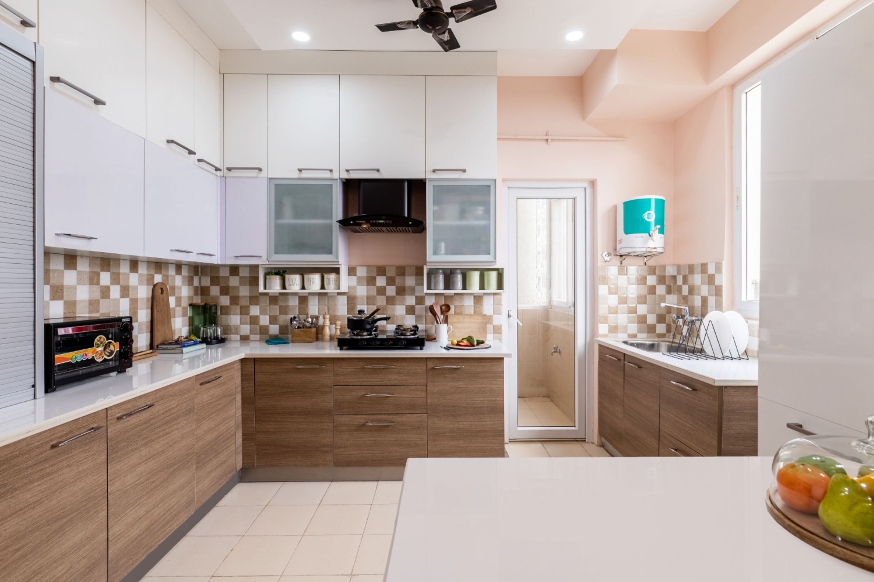 Vertical Walnut And Grey Modular L Shape Kitchen Design | Livspace