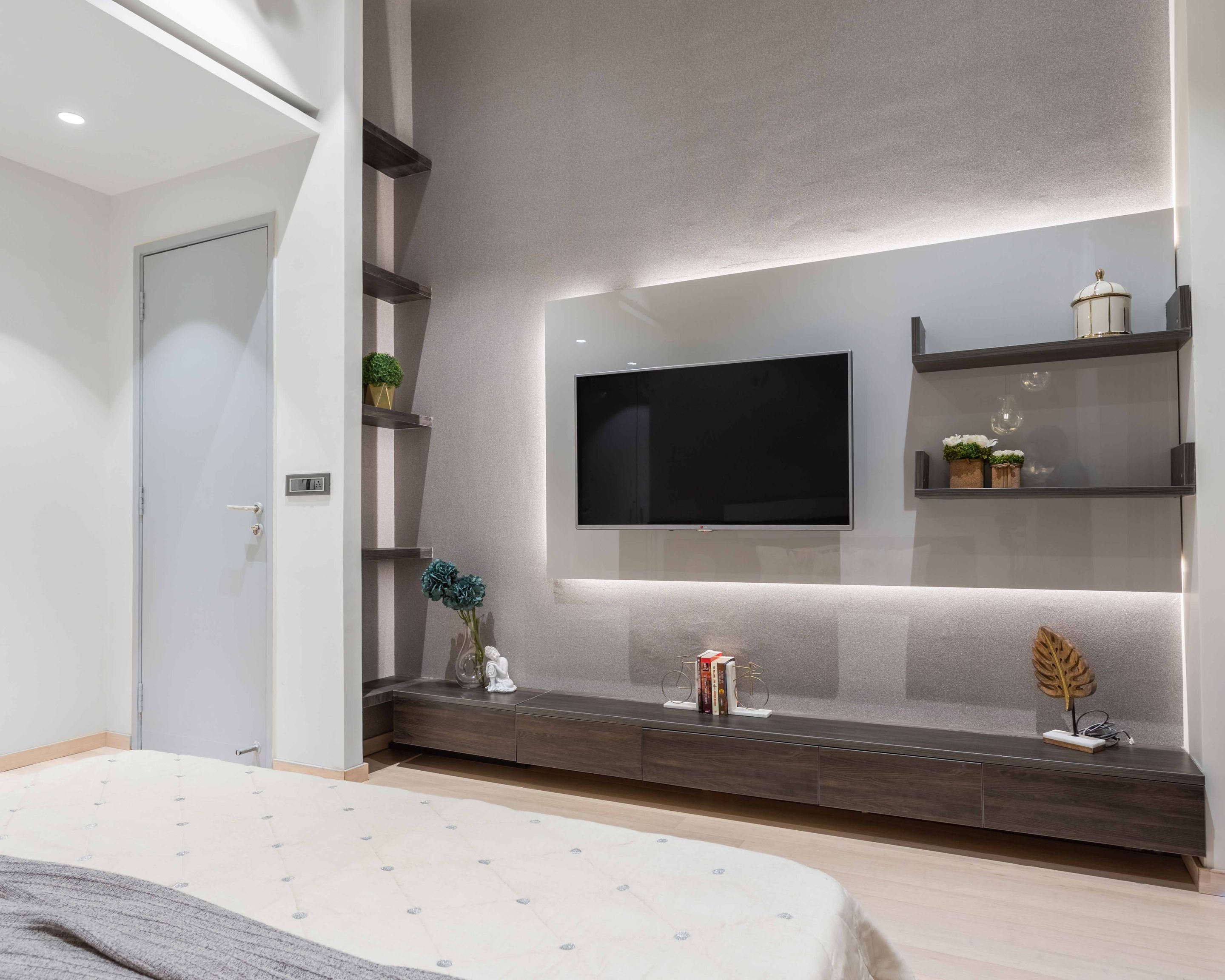 Grey And Dark Brown TV Unit With Backlit Panel | Livspace