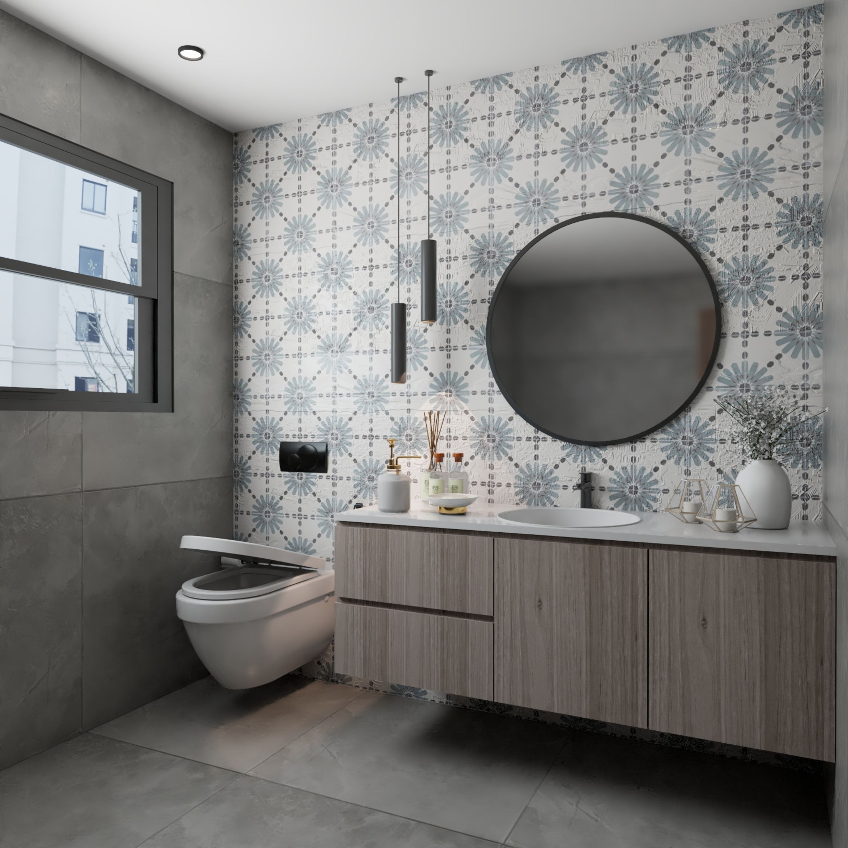 Grey-White And Blue Bathroom Design With Wooden Vanity Unit | Livspace