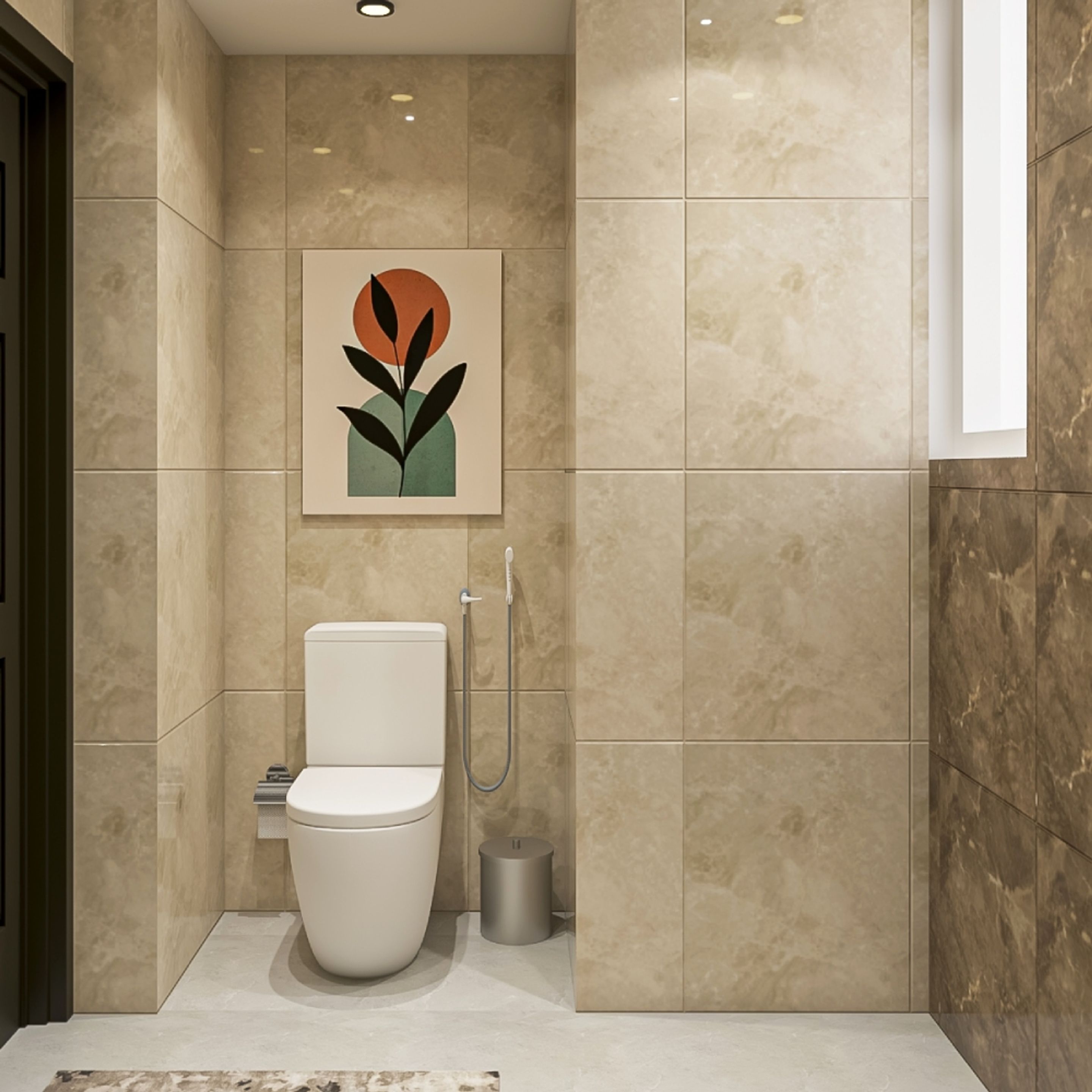 Bathroom Design With Cream And Brown Wall Tiles | Livspace