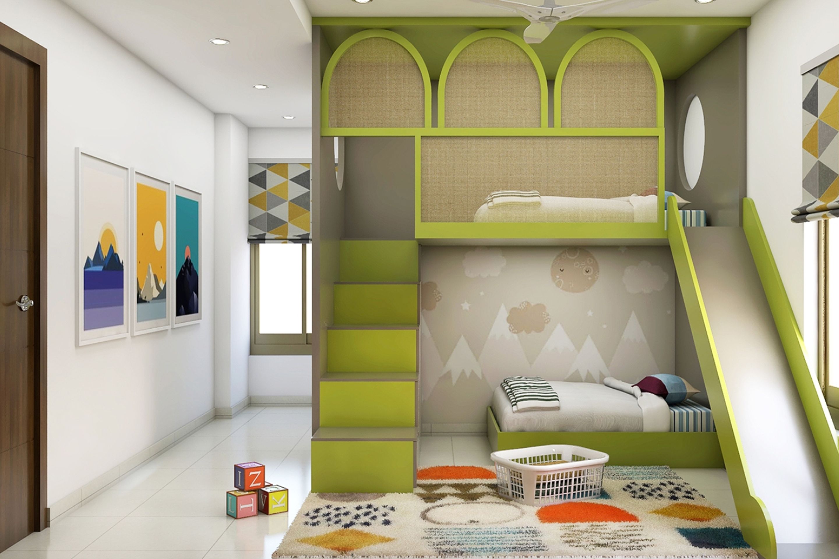 Kids Bedroom Design With Built In Green Bunk Bed | Livspace