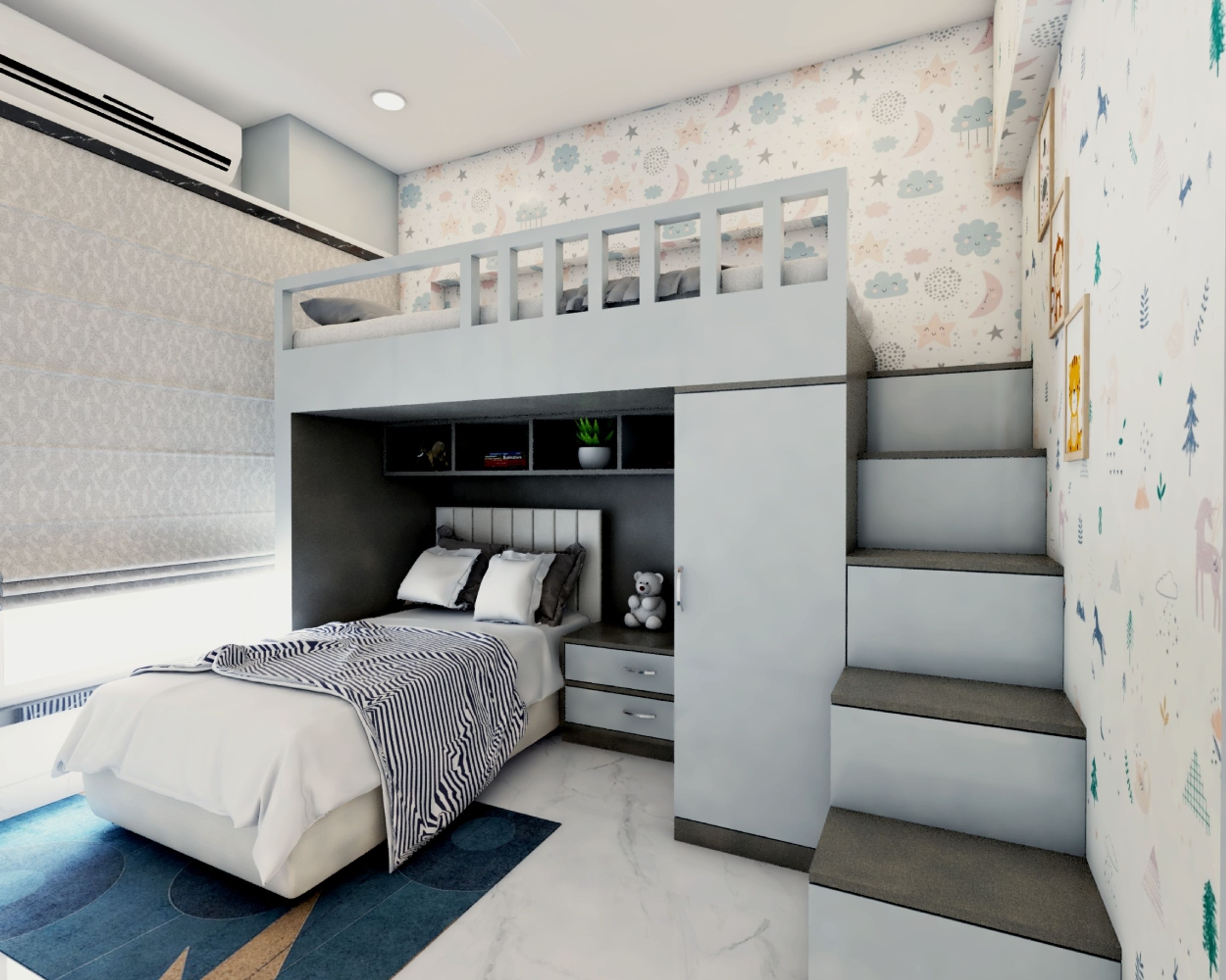 Grey And Black Kids Room Design With Perpendicular Bunk Bed | Livspace