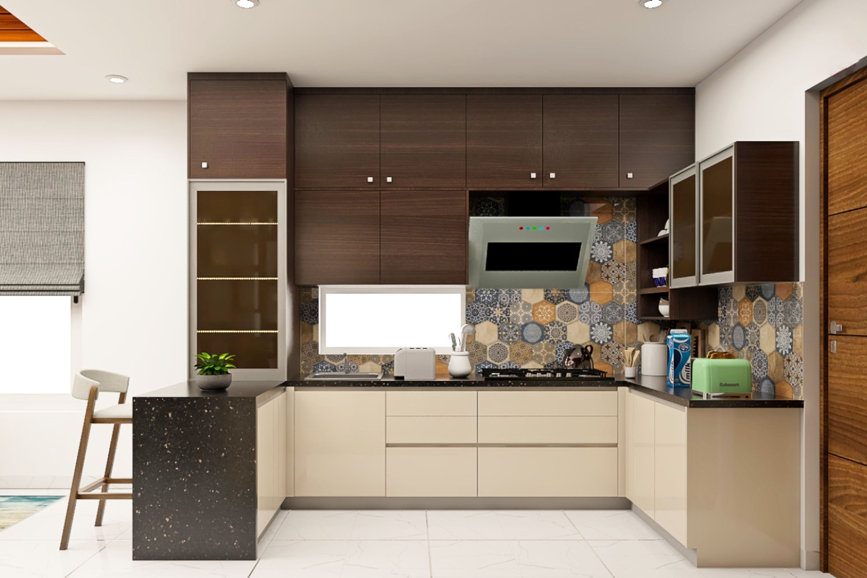 Champagne Toned And Wood U Shaped Kitchen Design With Granite ...