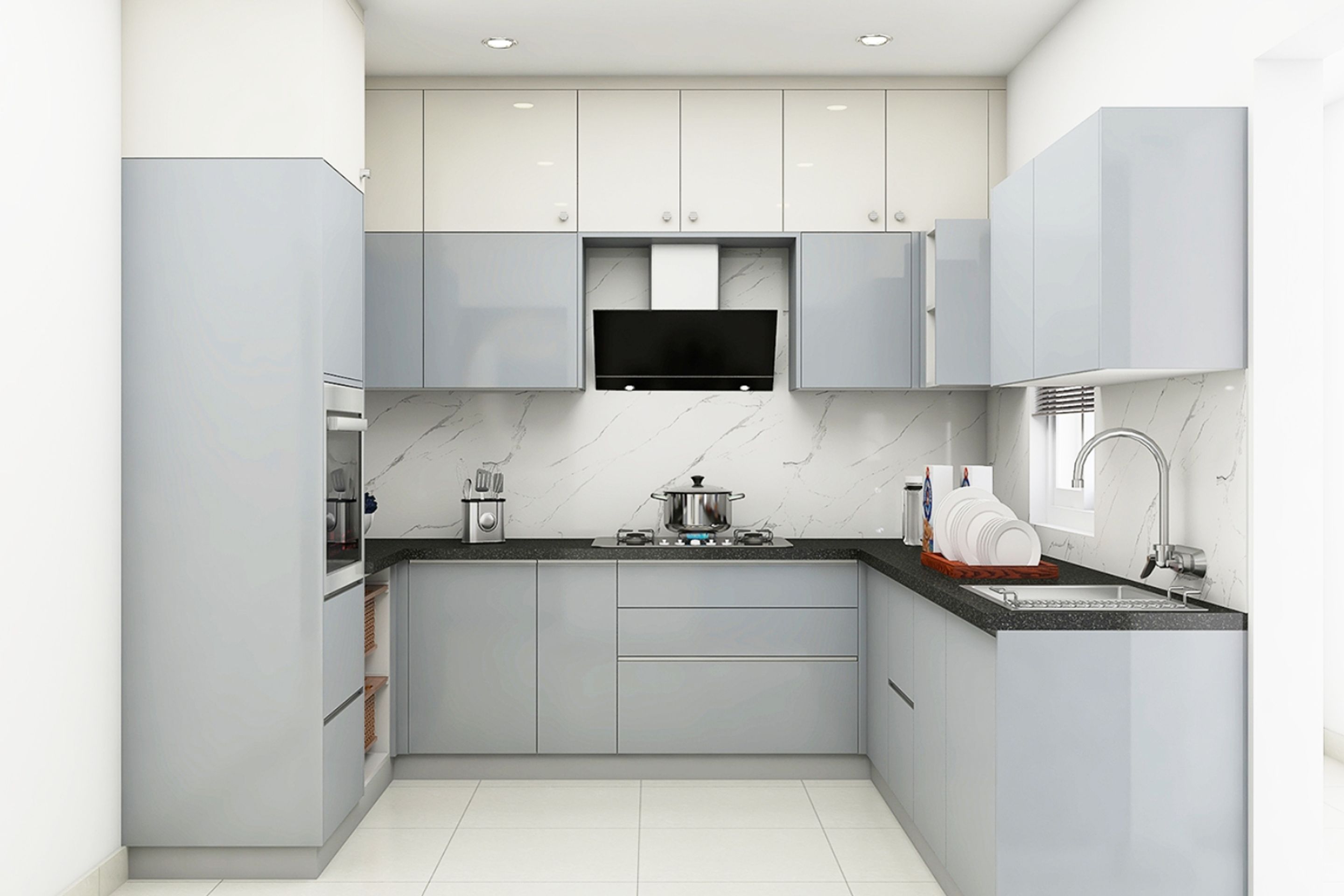 Grey And White Modular U Shaped Kitchen Design With Granite Countertop ...