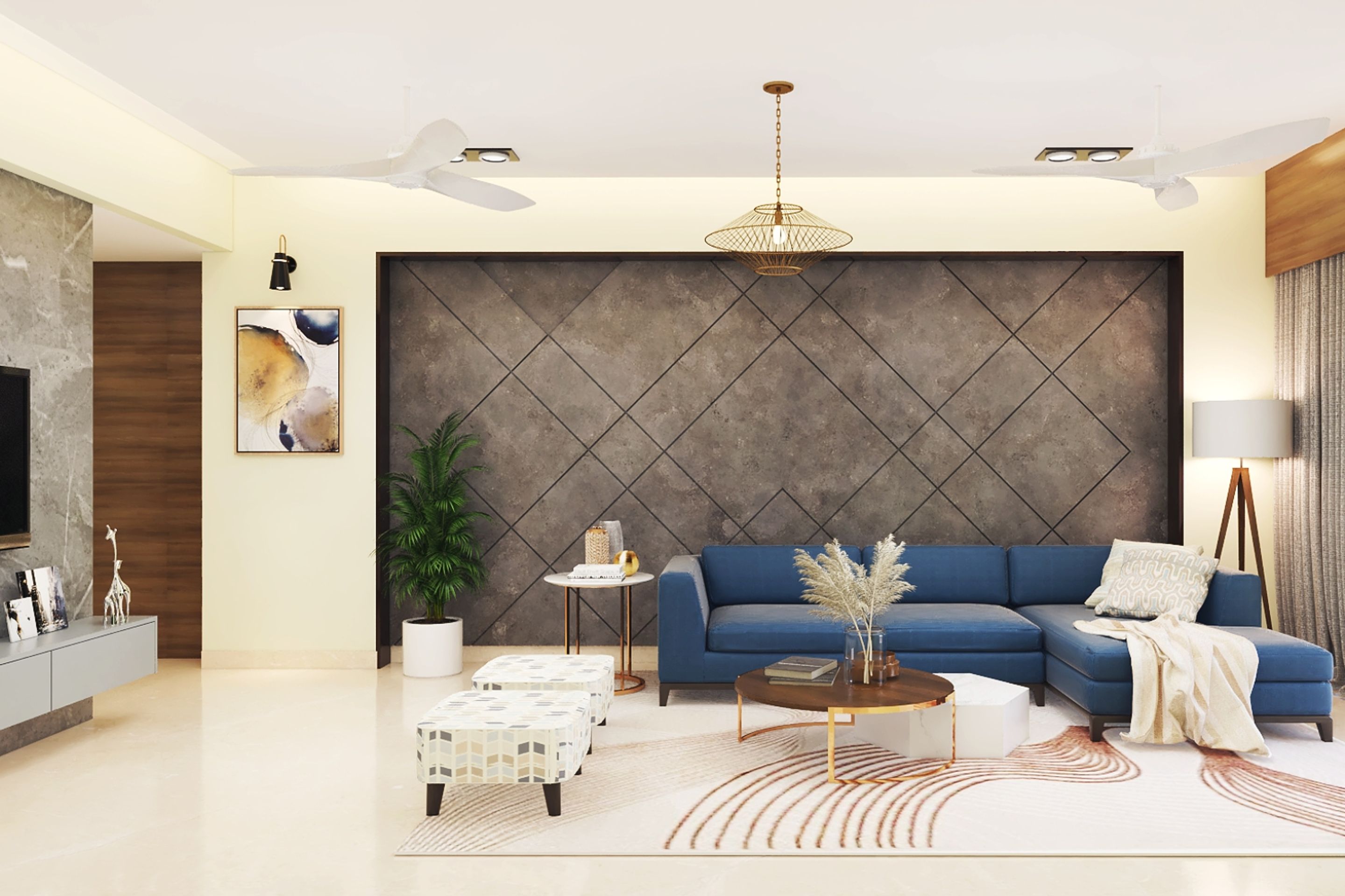 Living Room Design With Dark Grey Accent Wall And Blue Sectional Sofa