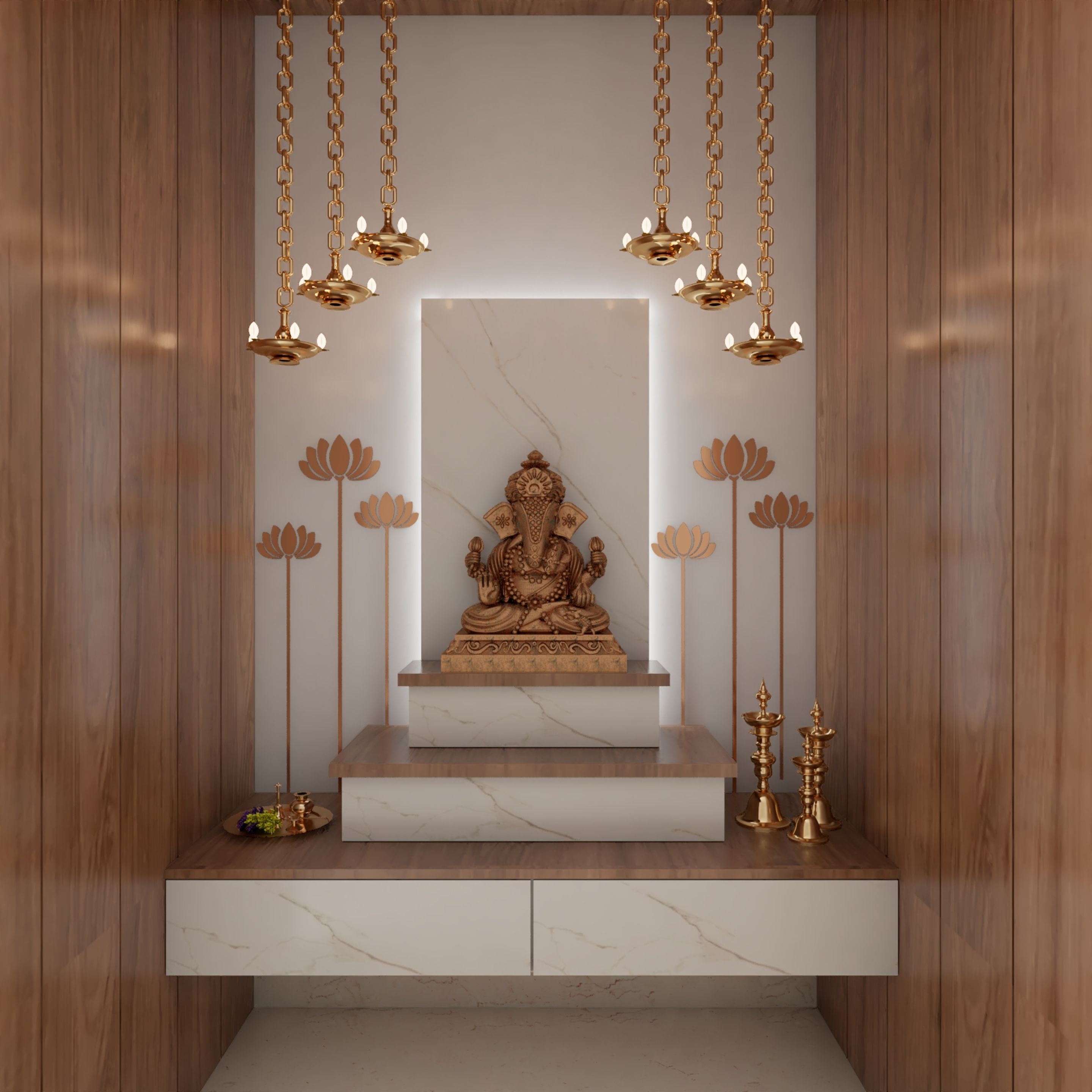 Mandir Unit Design With Led Wall And Lotus Motifs 