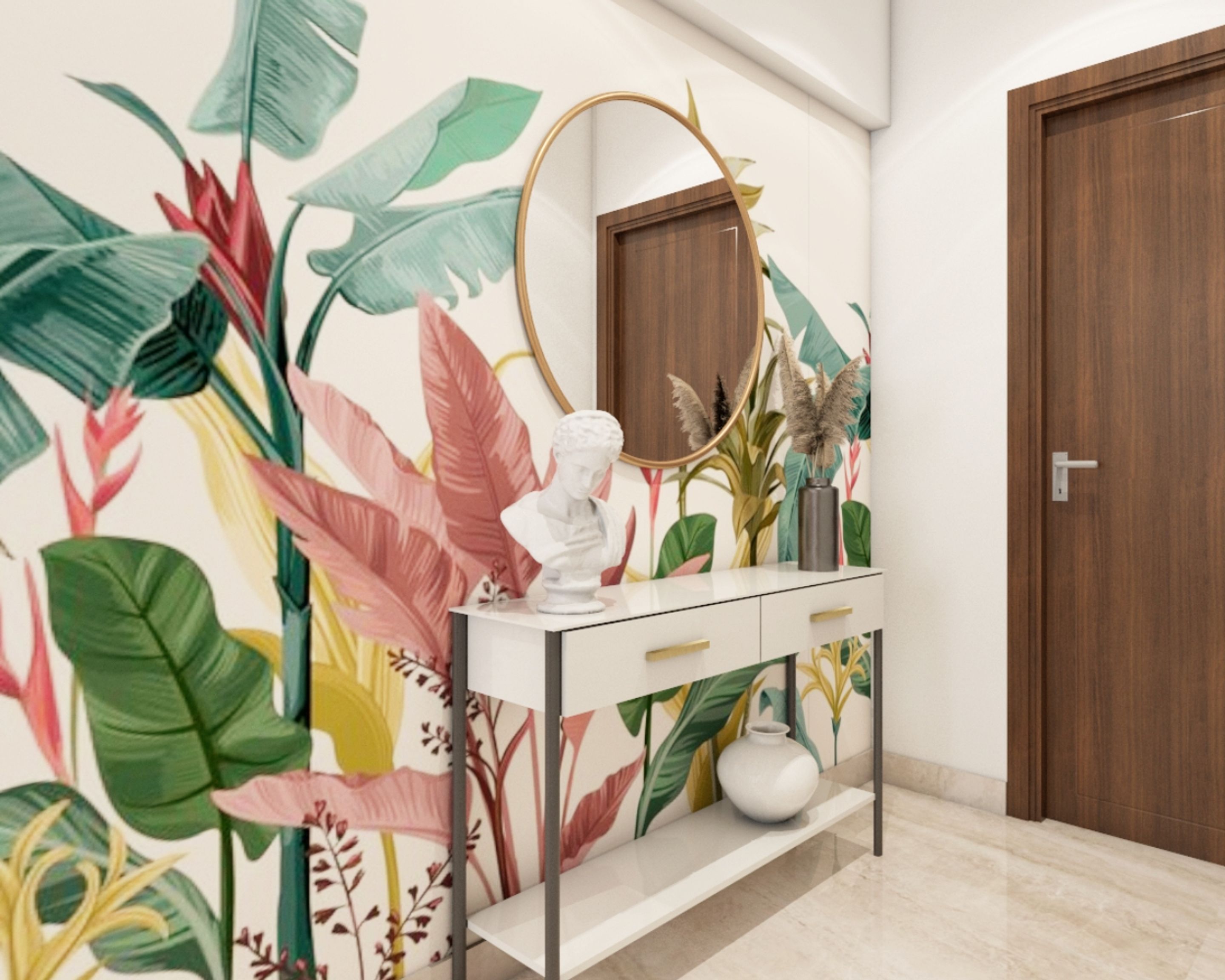 Multicoloured Tropical Bedroom Wallpaper Design | Livspace