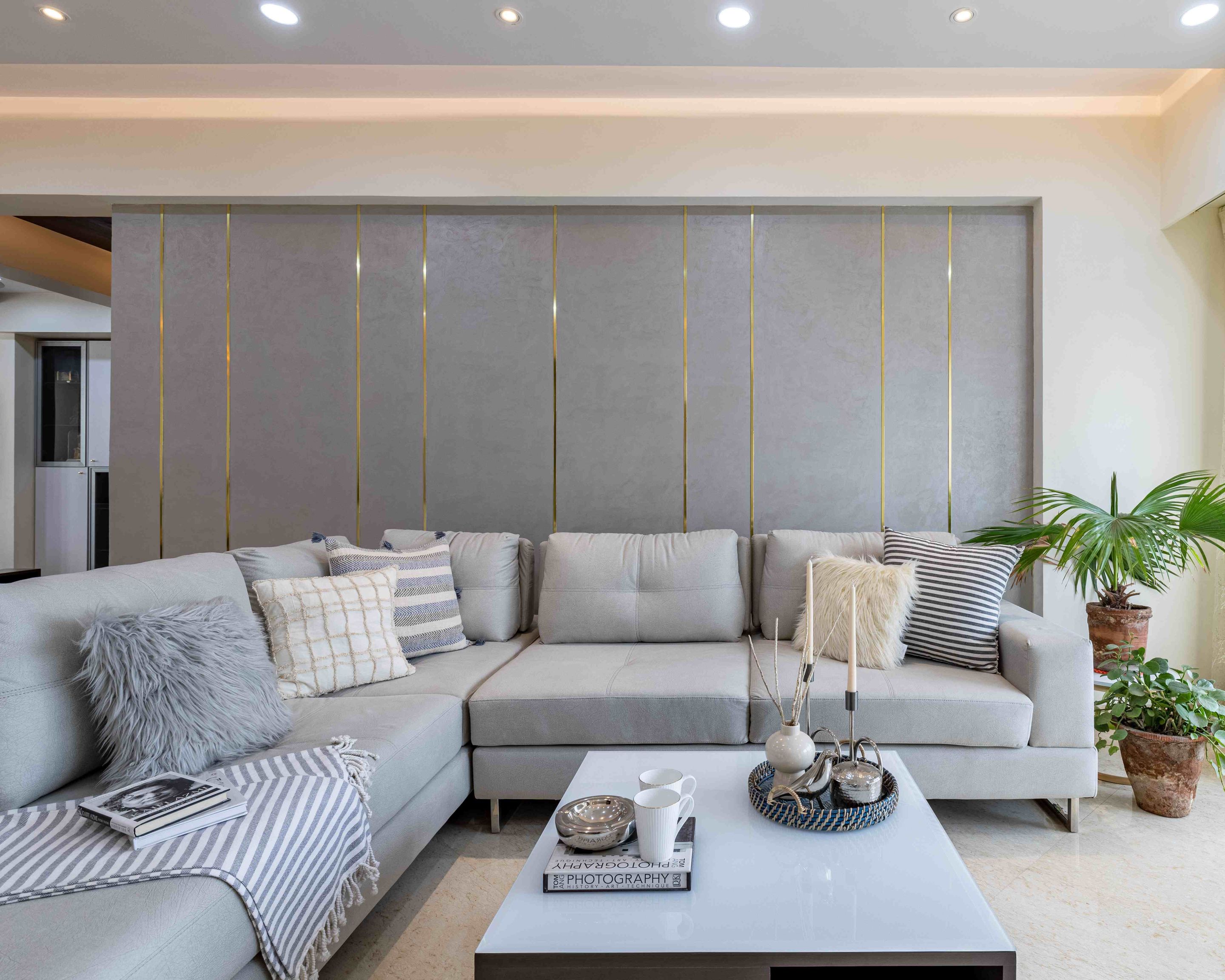 Living Room Wall Design With Light Blue Trims | Livspace