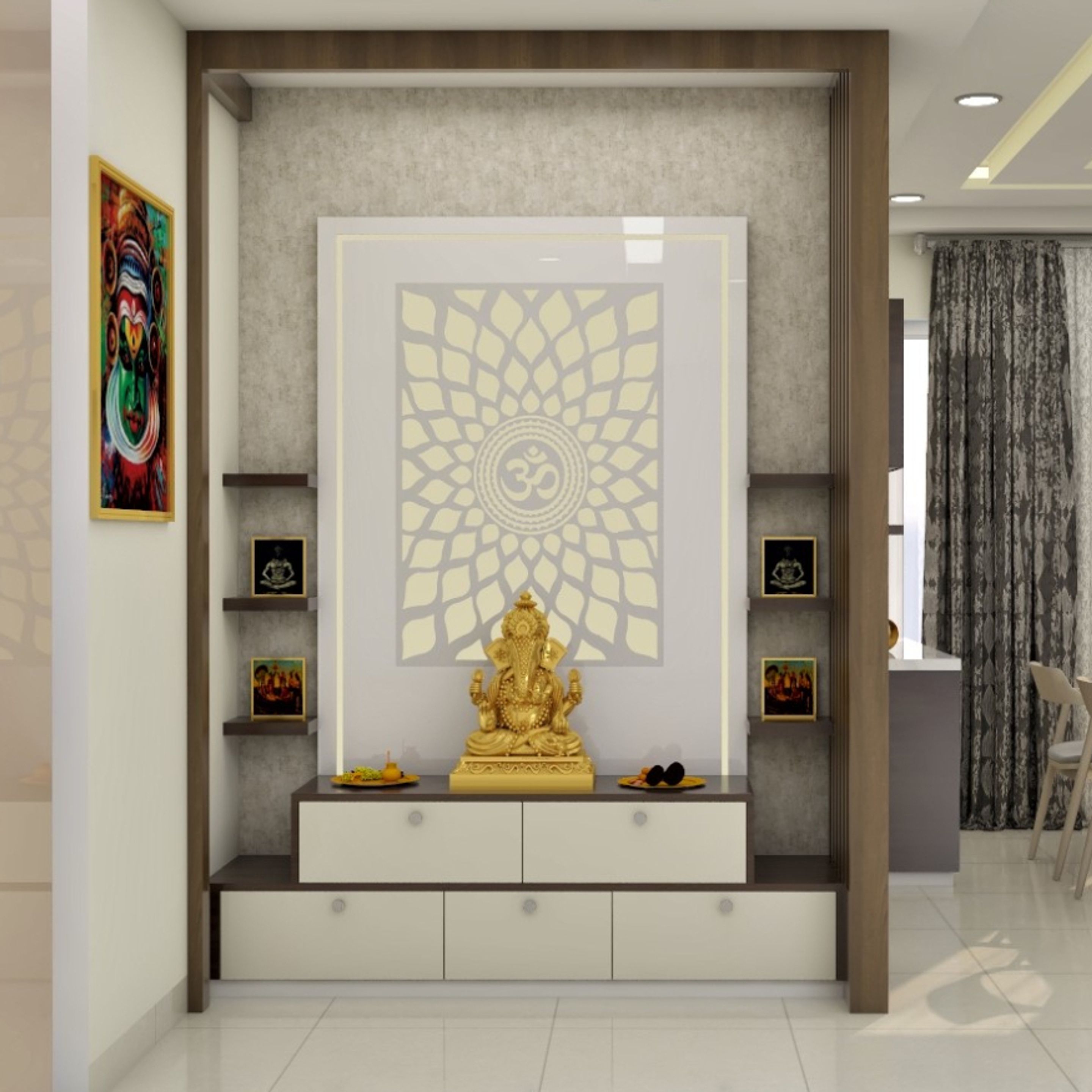 Pooja Mandir Design With Wooden Ledges And Drawer Storage | Livspace