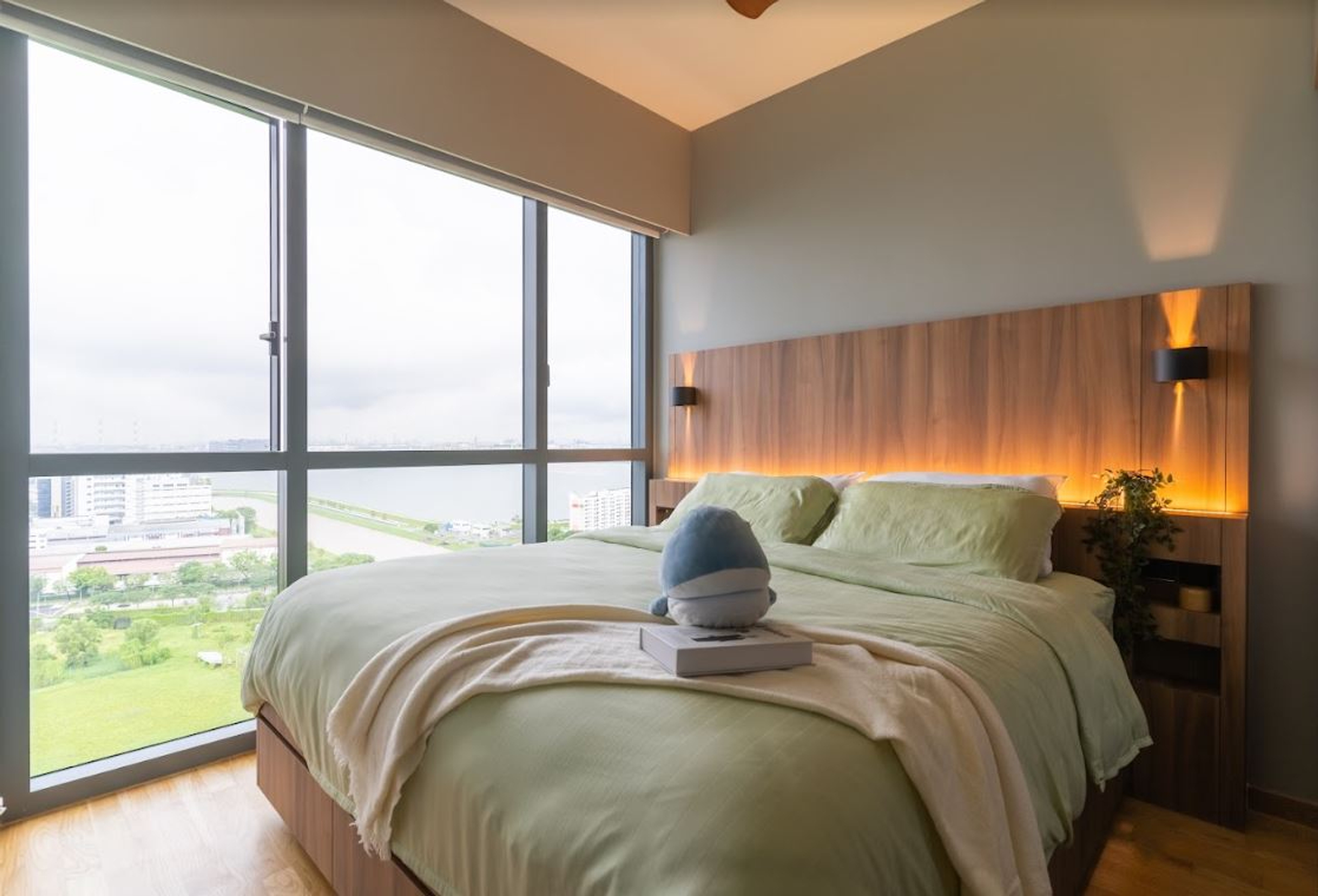 Spacious Sage Green Colour Master Bedroom Design Livspace