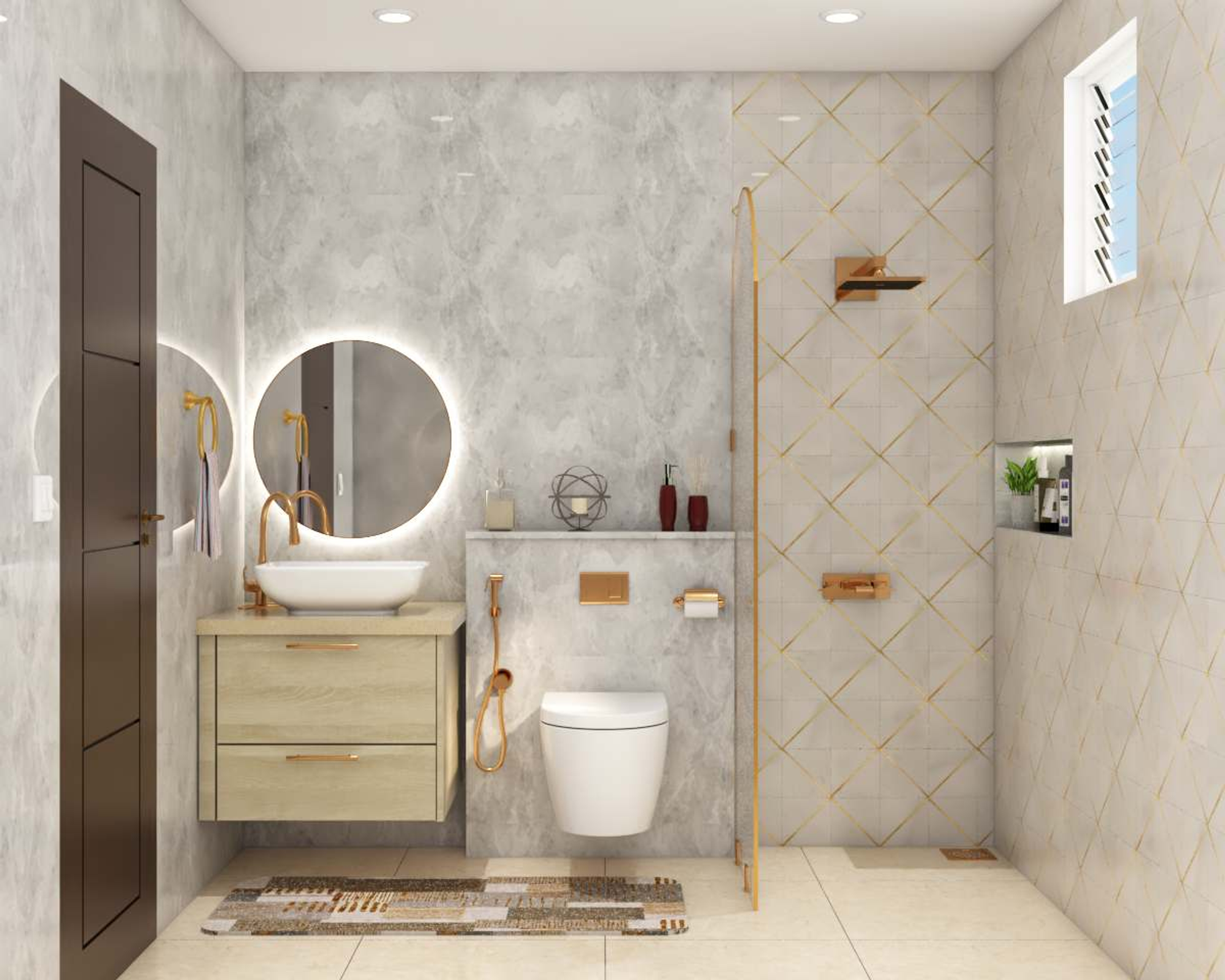 Premium Bathroom Design with Brass Fittings and Golden Tinted Walls