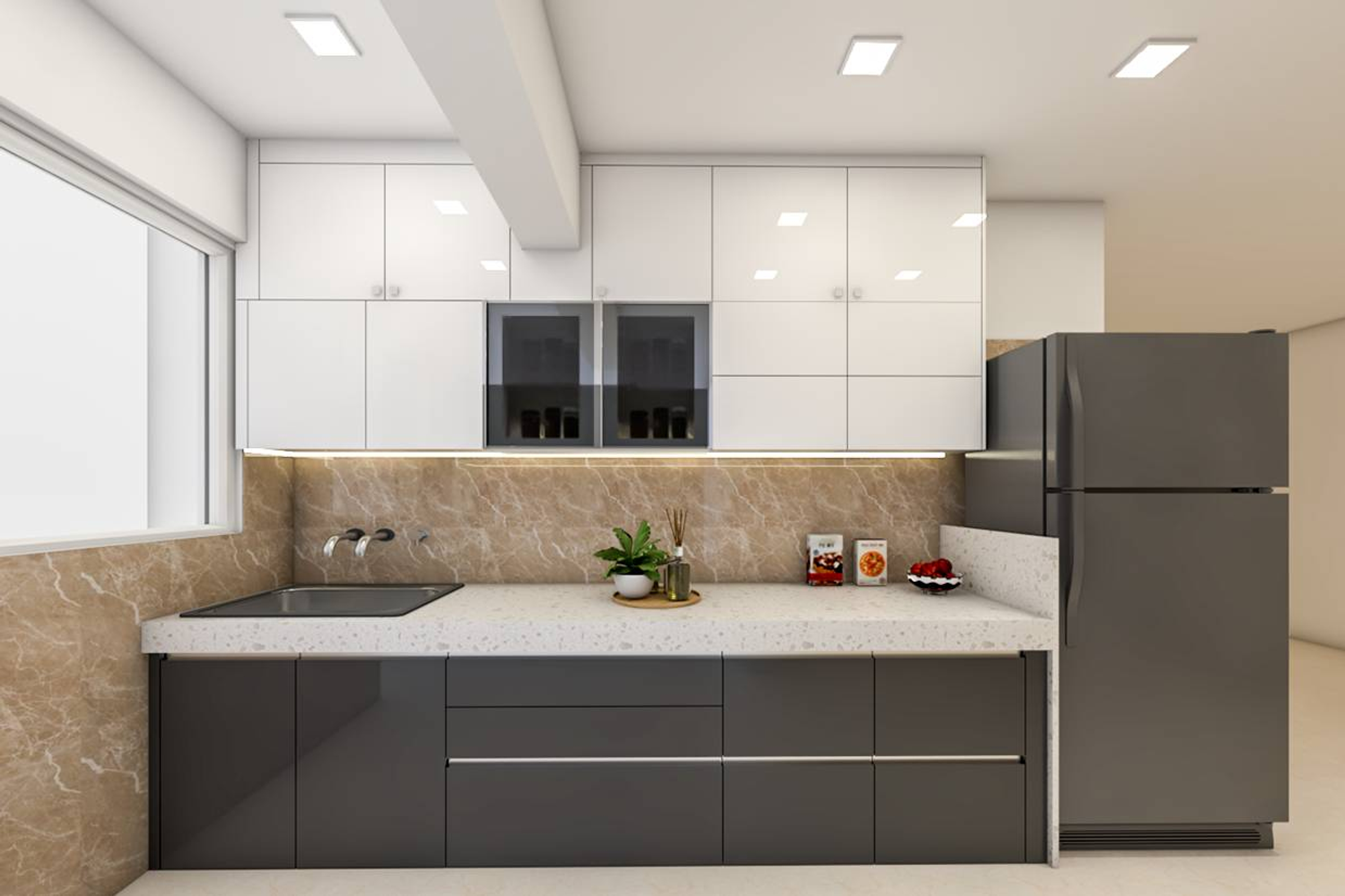 Modular Spacious Kitchen With Grey Toned Cabinets | Livspace