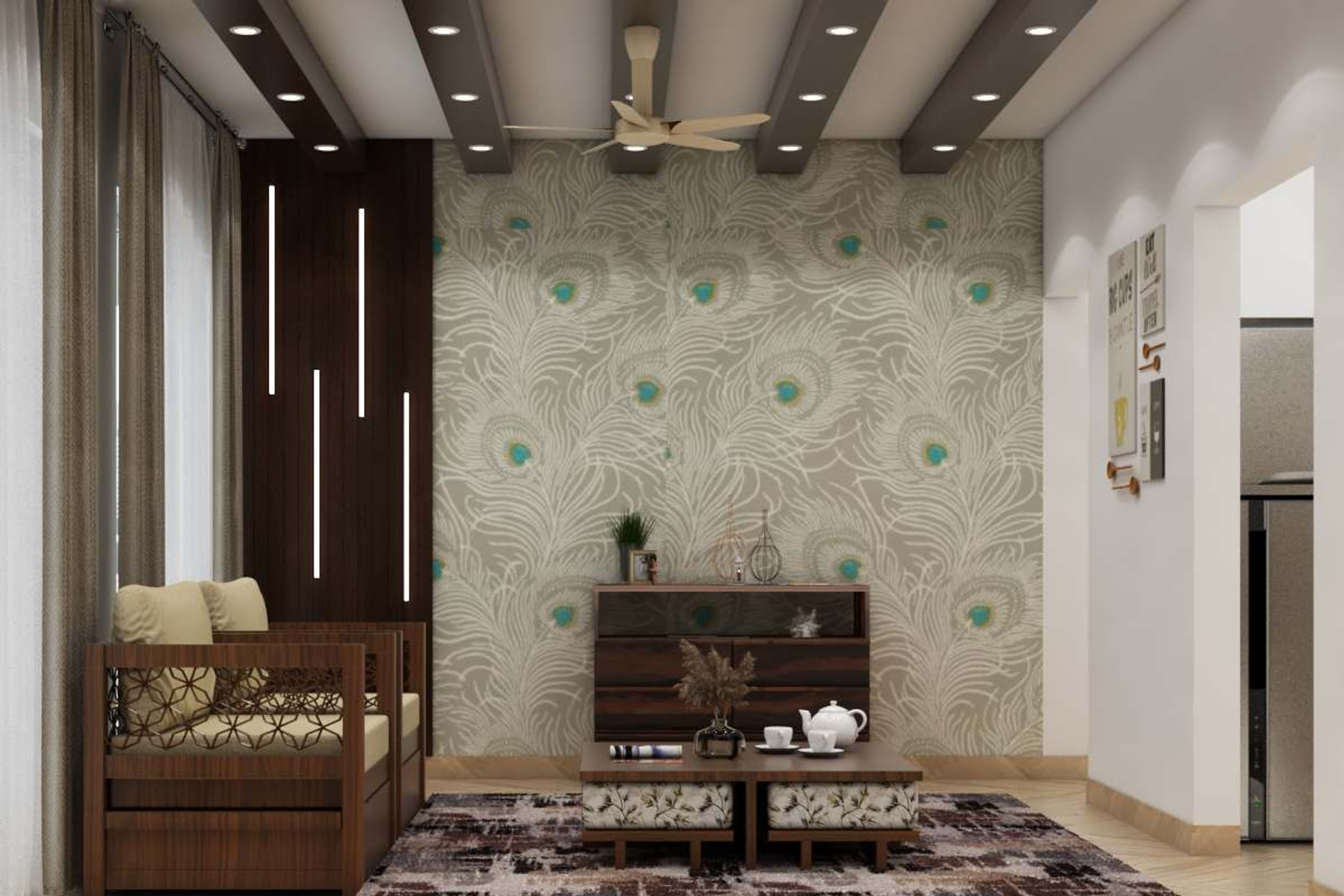 Modern Living Room with Peacock Feathered Wallpaper and Spot Lights