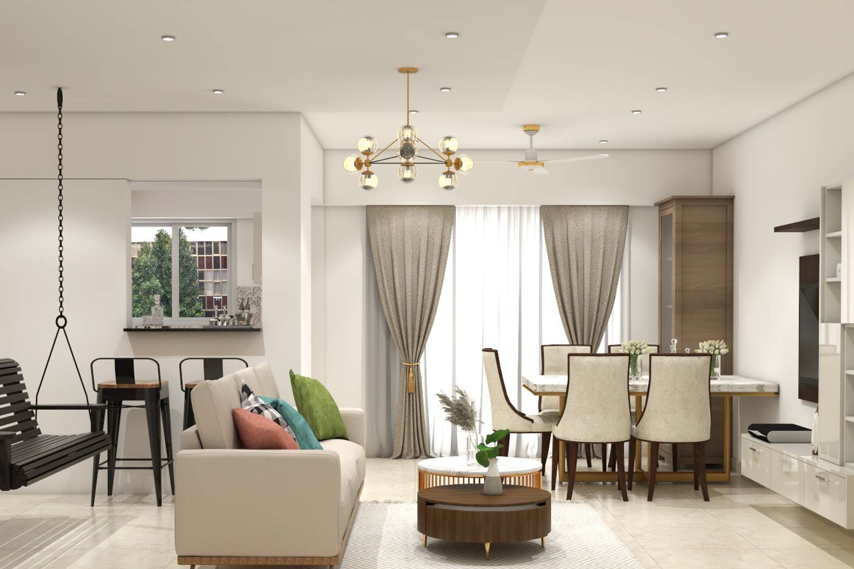 Spacious Living Room Design With Beige Seater And Chandelier Livspace   Dining 01 1 1660631114 WkCrK 