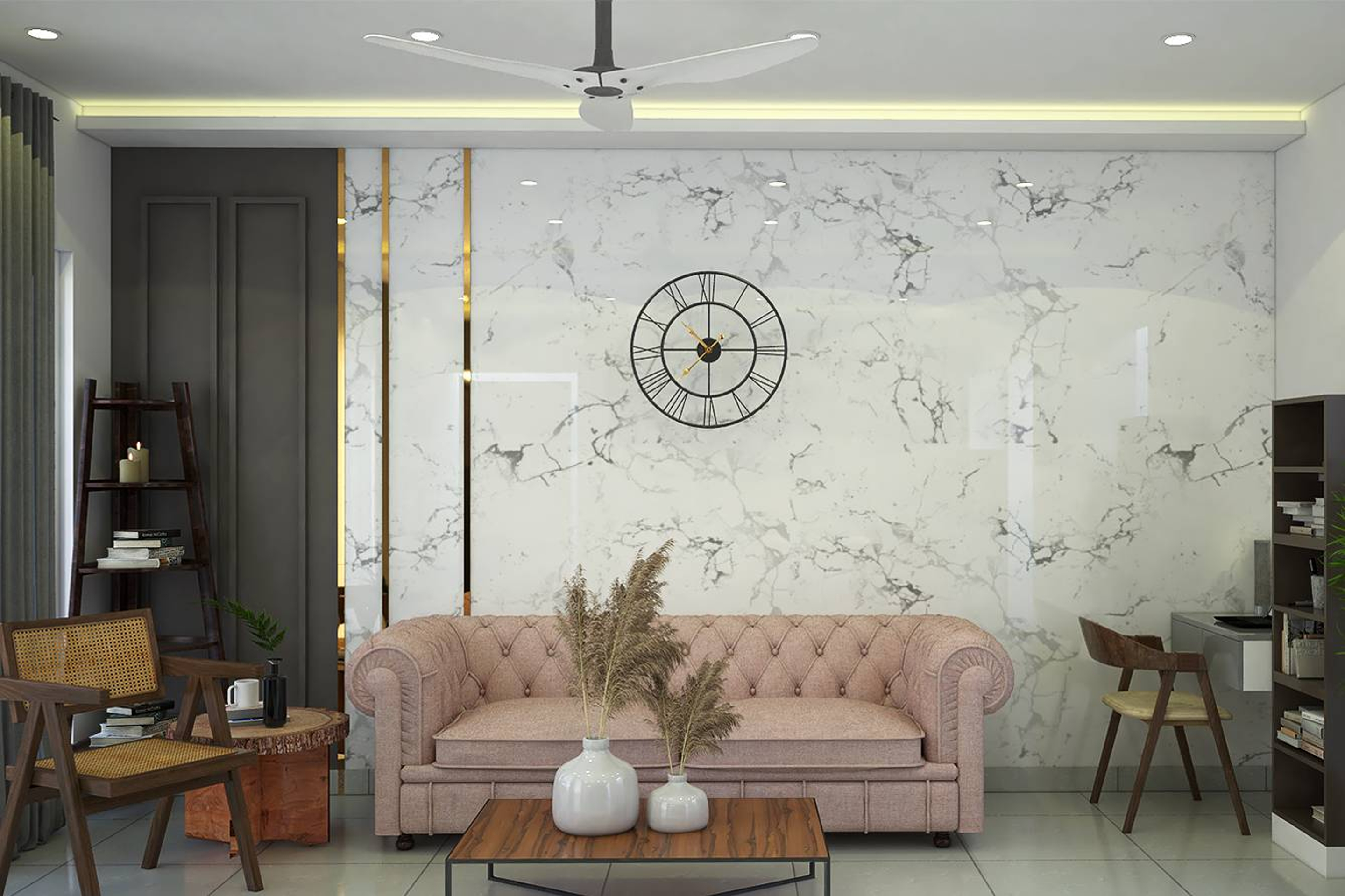 Contemporary Living Room with Marble Accent Wall and Grey Trims Livspace
