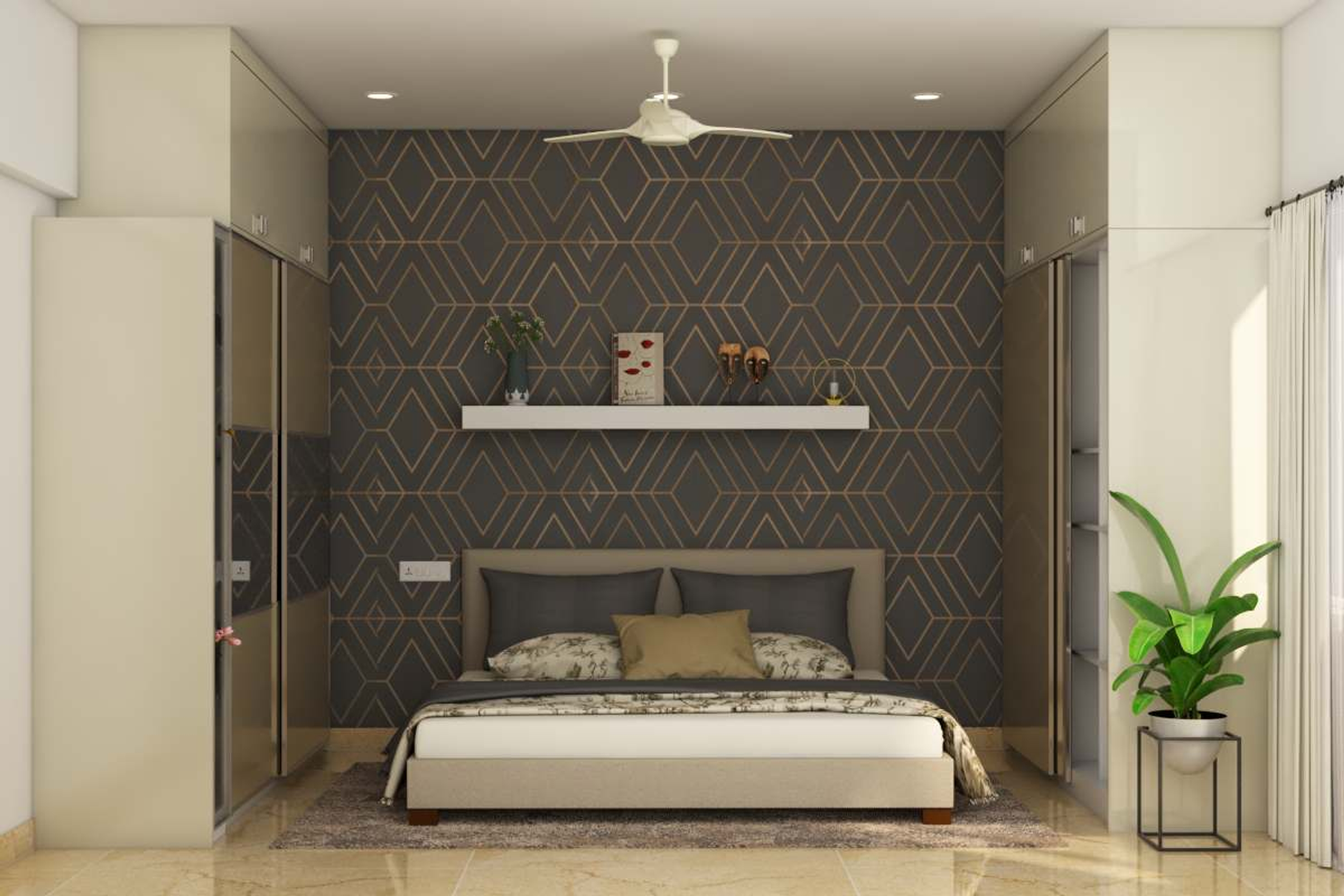 spacious-master-bedroom-design-with-dark-grey-wallpaper-livspace