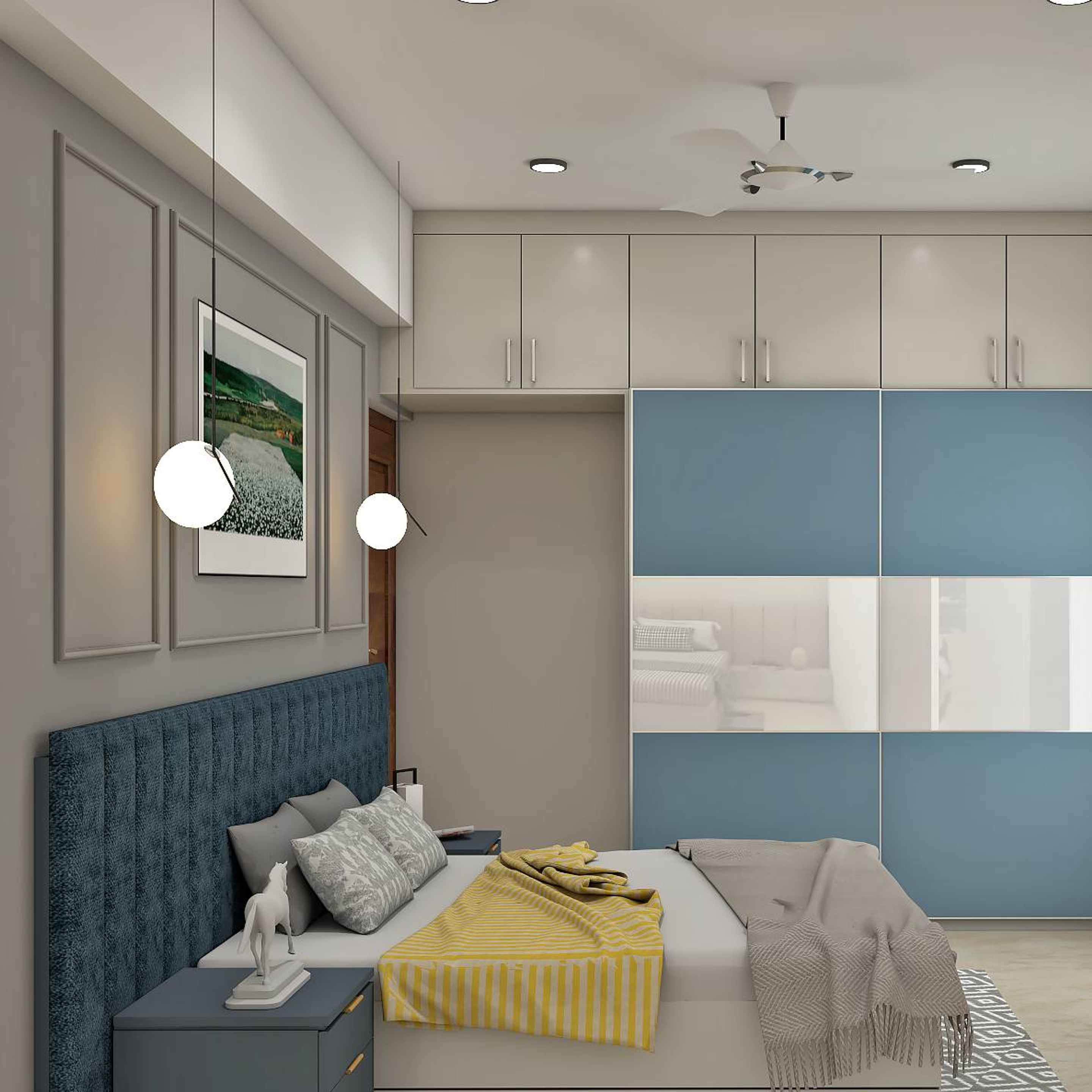 Modern Master Bedroom Design With Grey Accent Wall And Blue Sliding ...