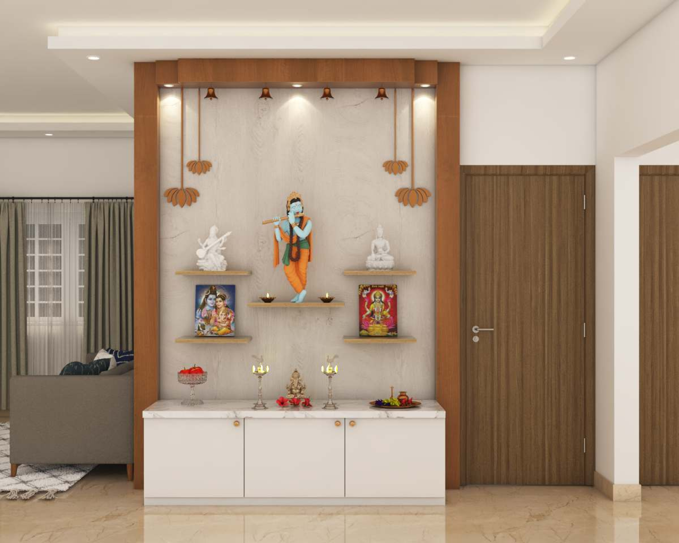 Modern Open Pooja Unit with Storage and WallMounted Shelves