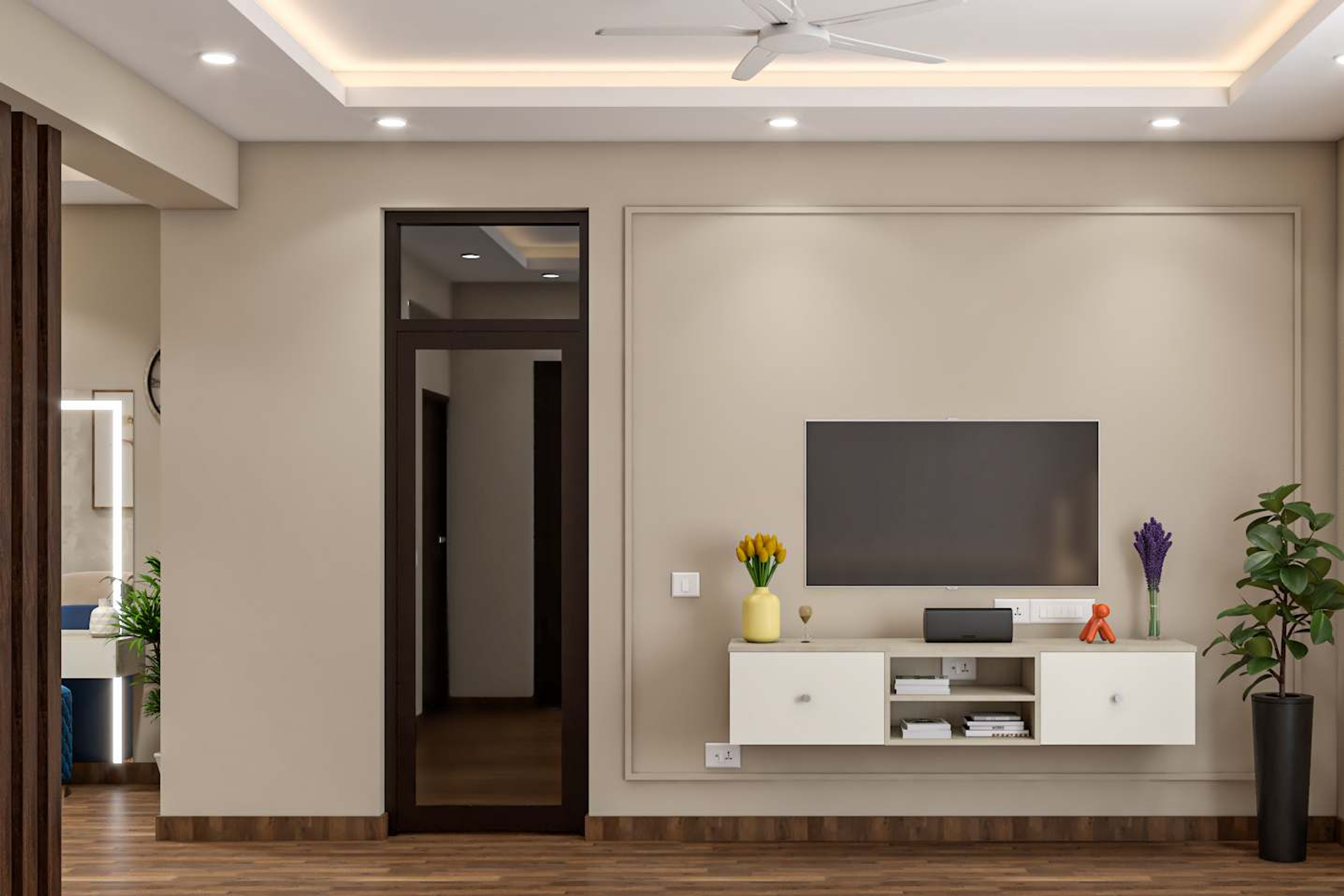 Contemporary TV Unit Design with Bordered Wall Trims and WallMounted Storage Livspace