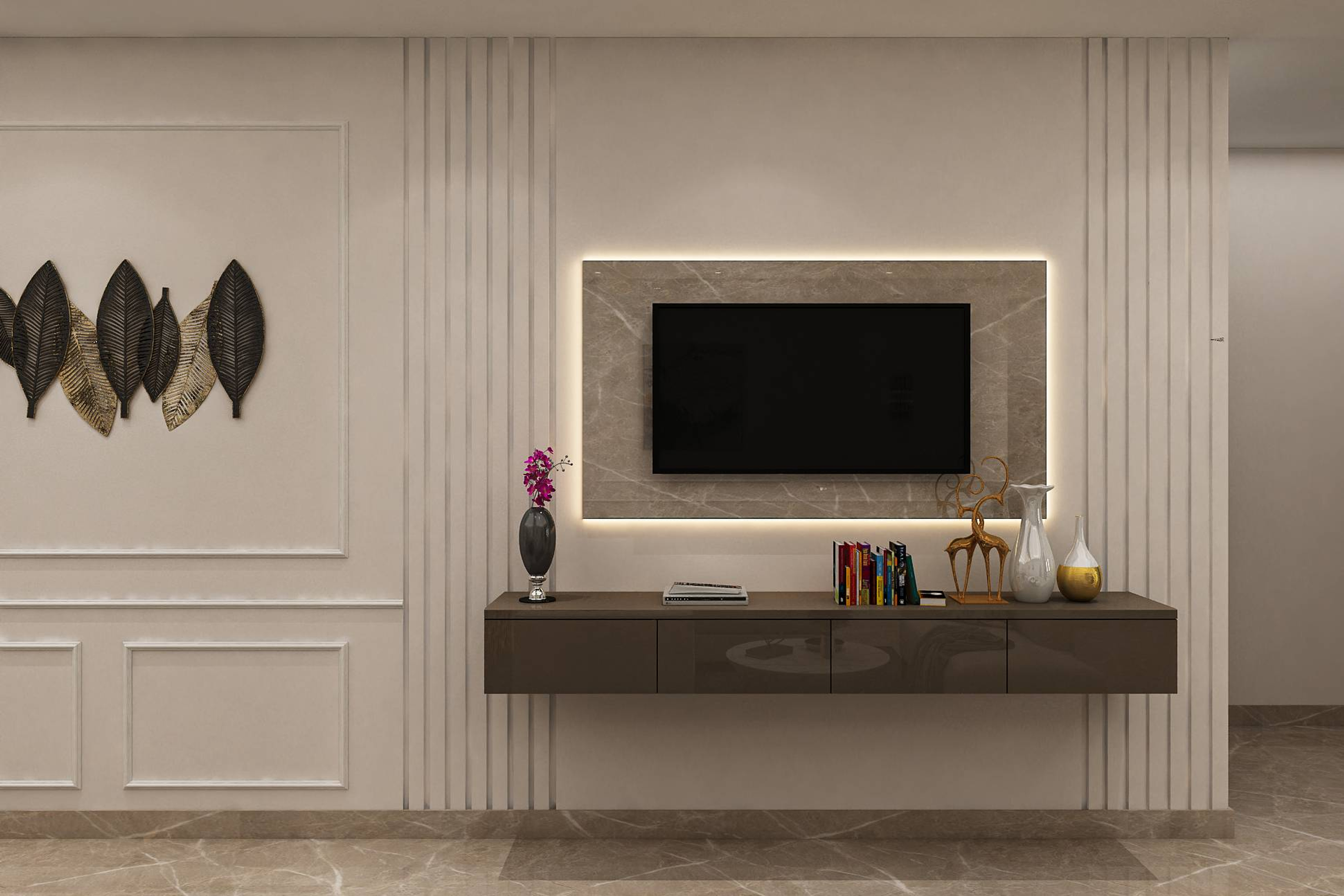 Modern TV Unit Design With White Wall Trims And Grey Panel Livspace