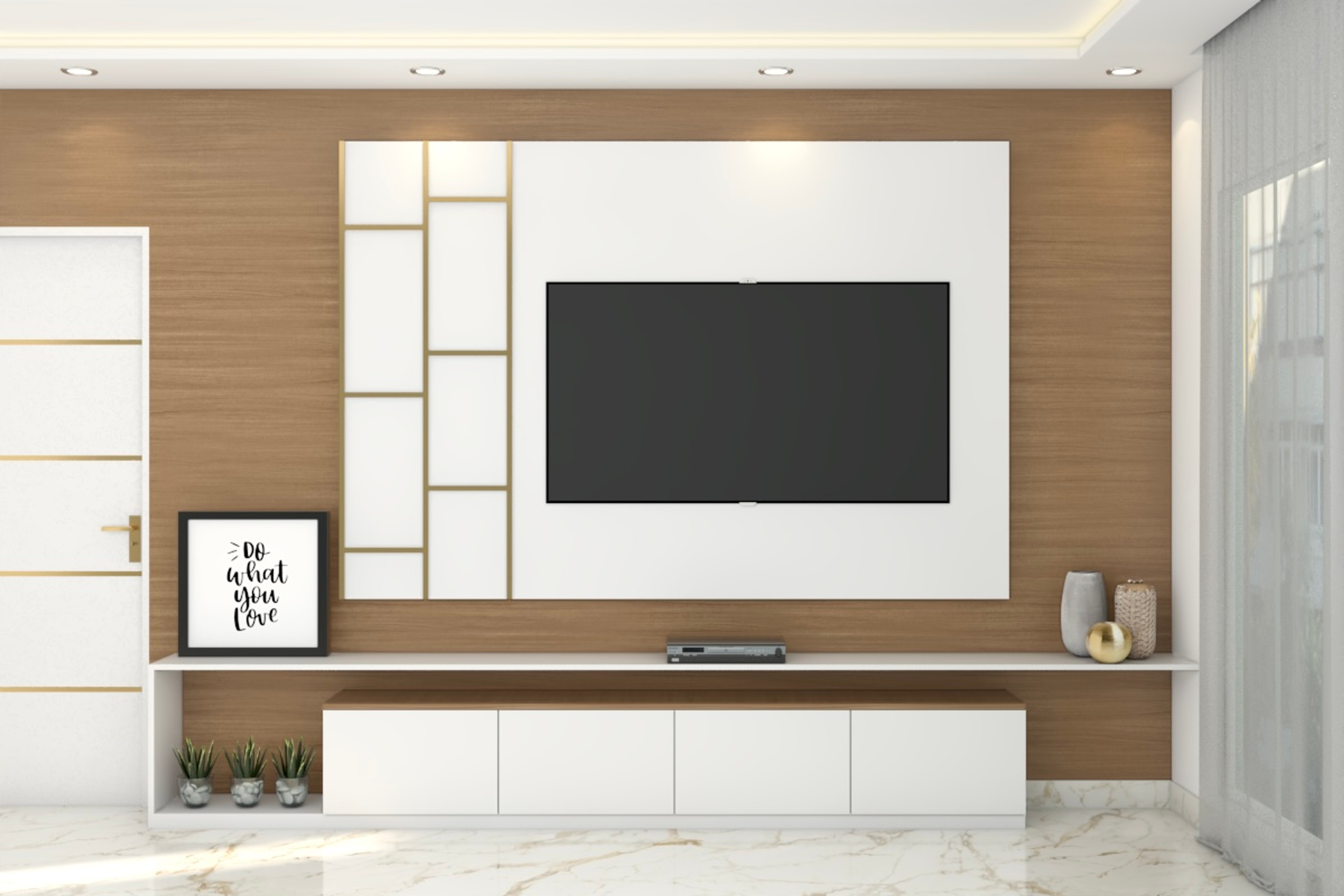 Contemporary TV Unit With White And Wooden Laminates | Livspace