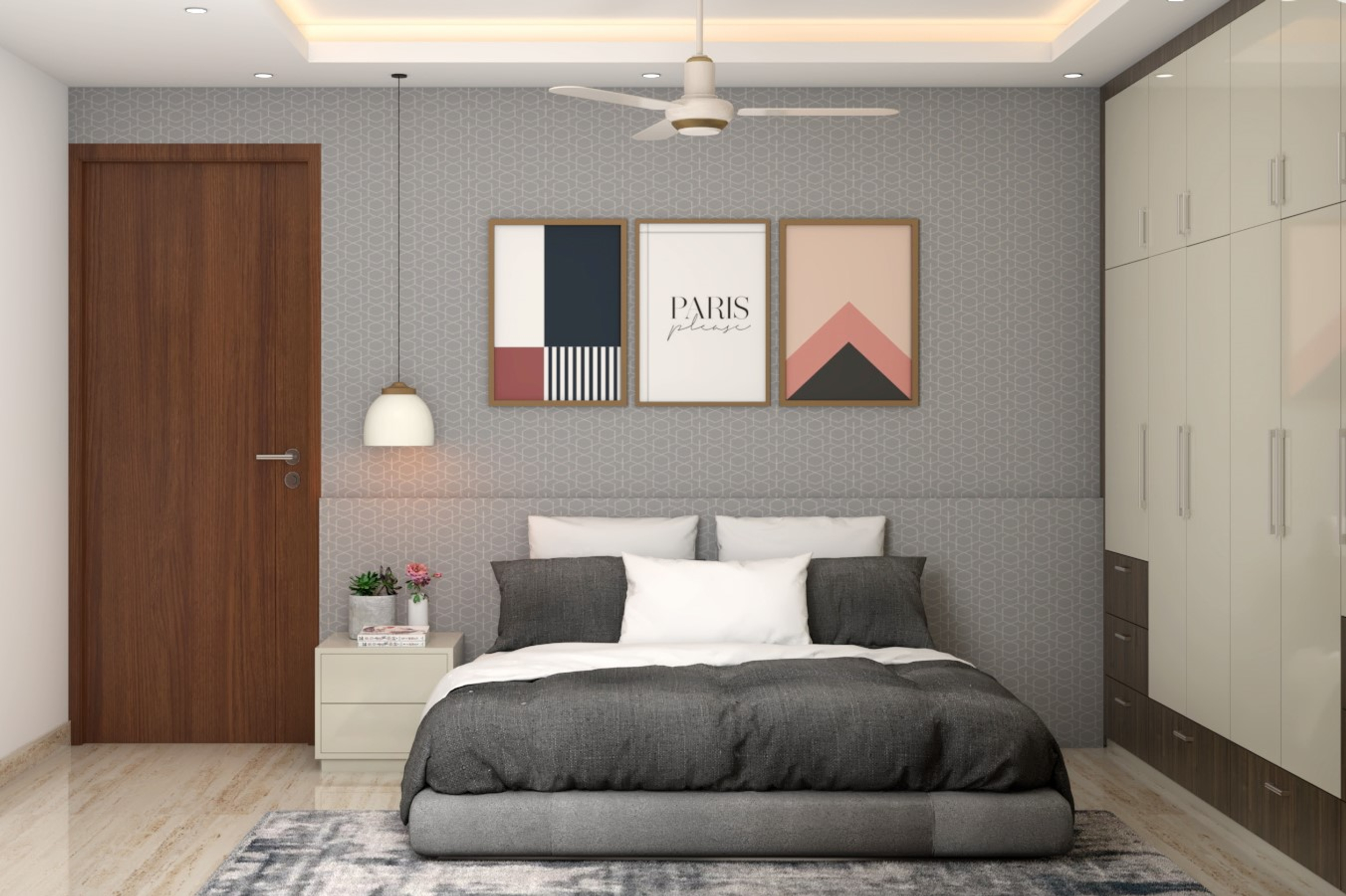 Spacious Grey And Off-White Master Bedroom With False Ceiling | Livspace