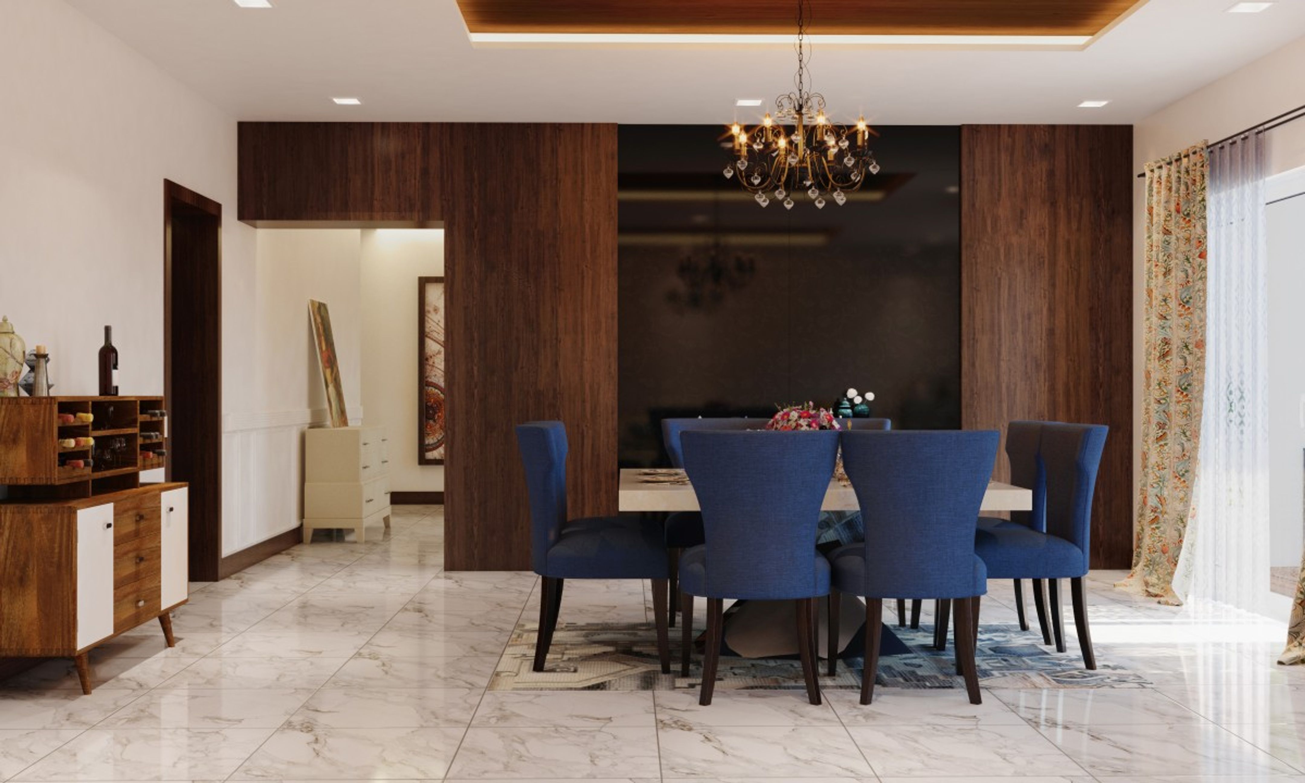 White Marble And Blue Dining Room Design | Livspace