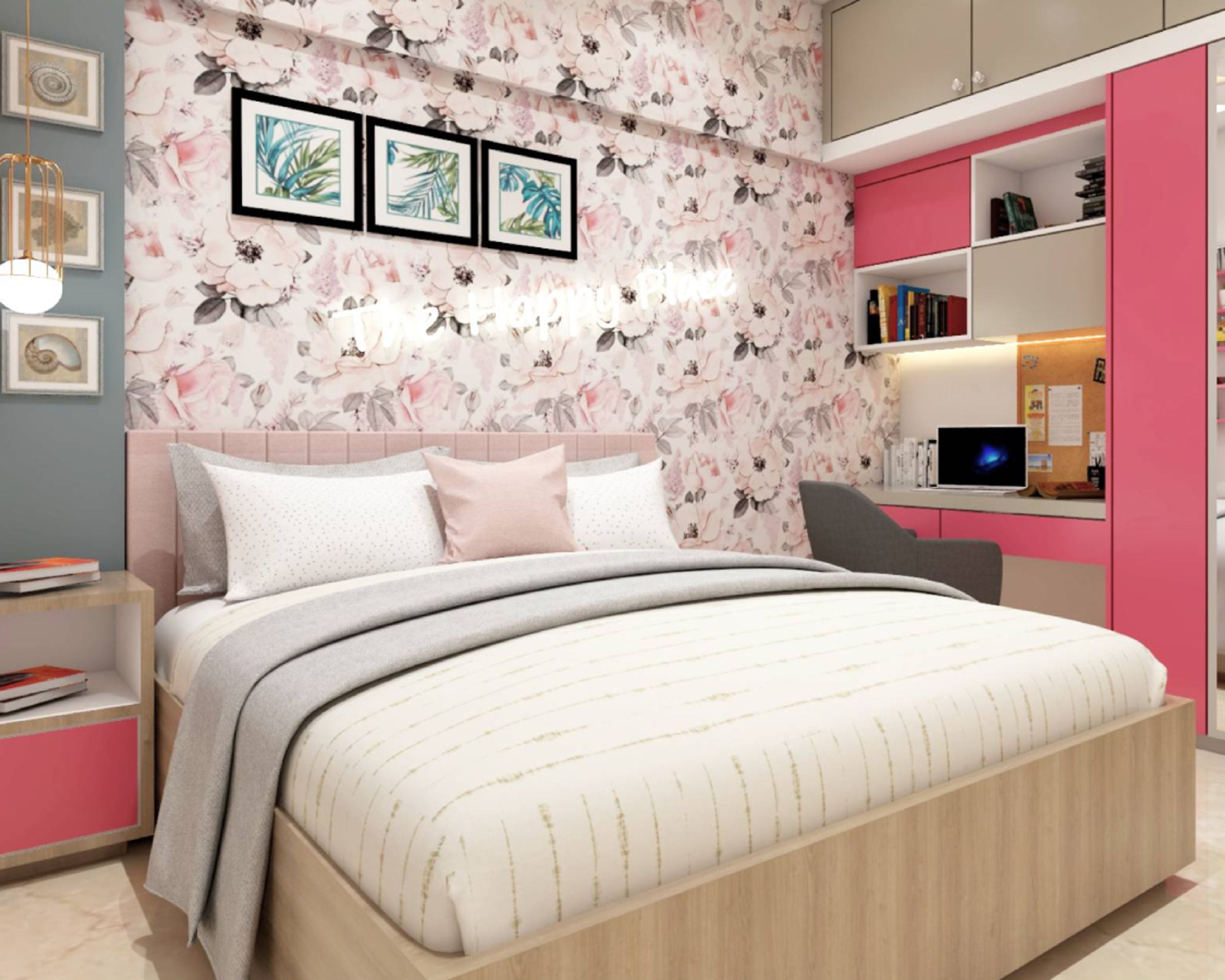 Spacious Girls Bedroom Design With Floral Wallpaper - 11x10 Ft | Livspace
