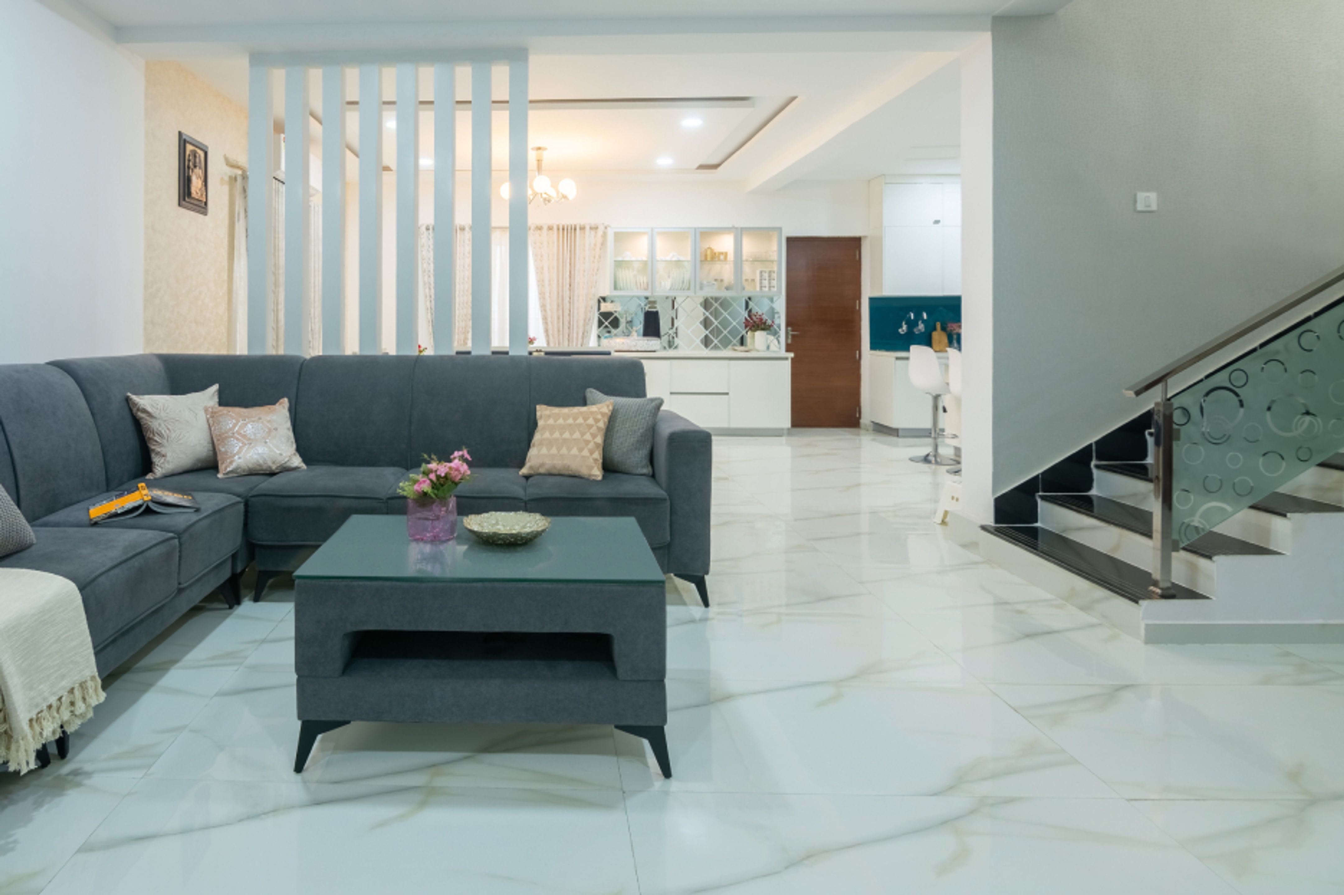 White Marble Living Room Tile Design | Livspace