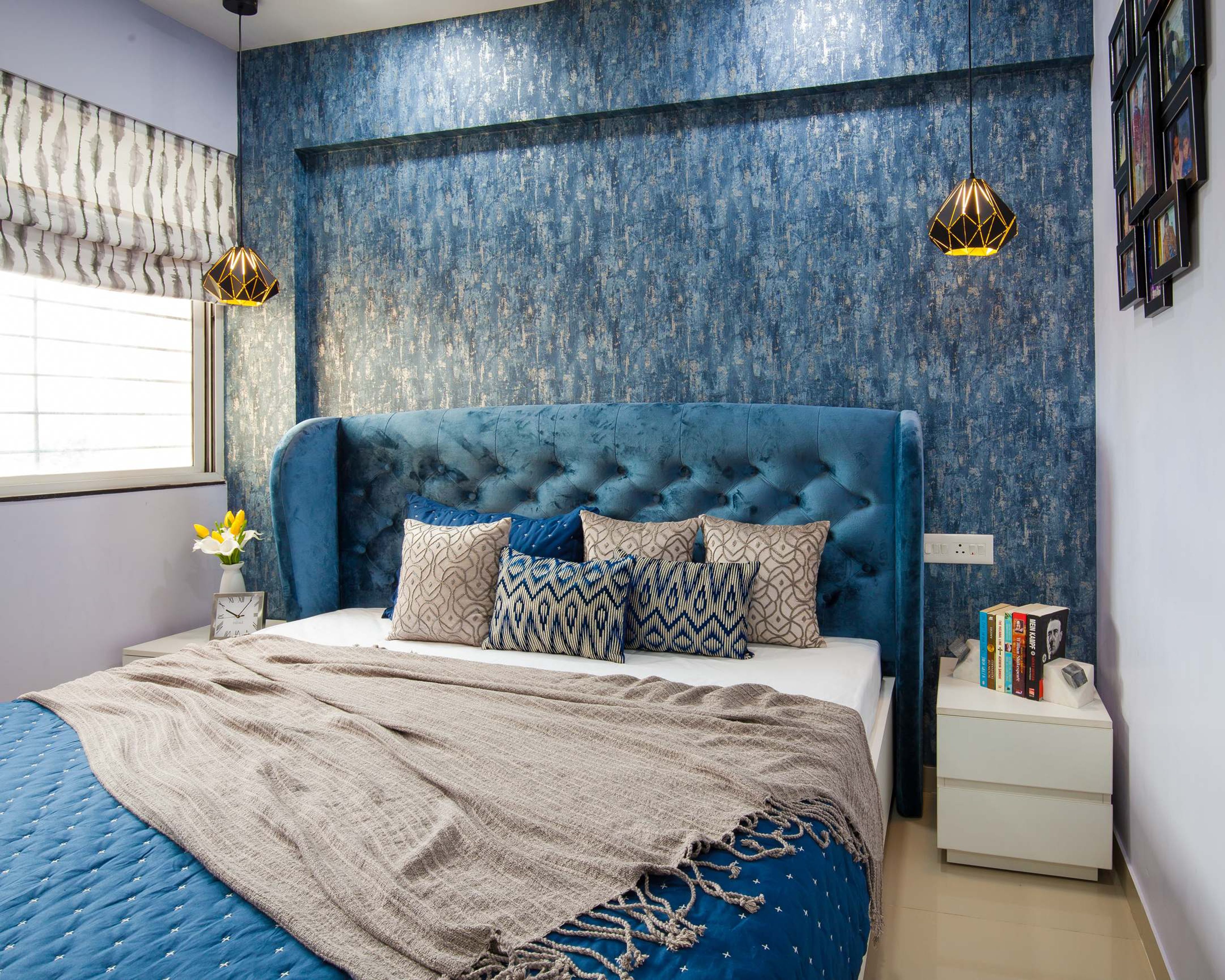 Elegant Bedroom Wallpaper Design With Pendant Lights | Livspace