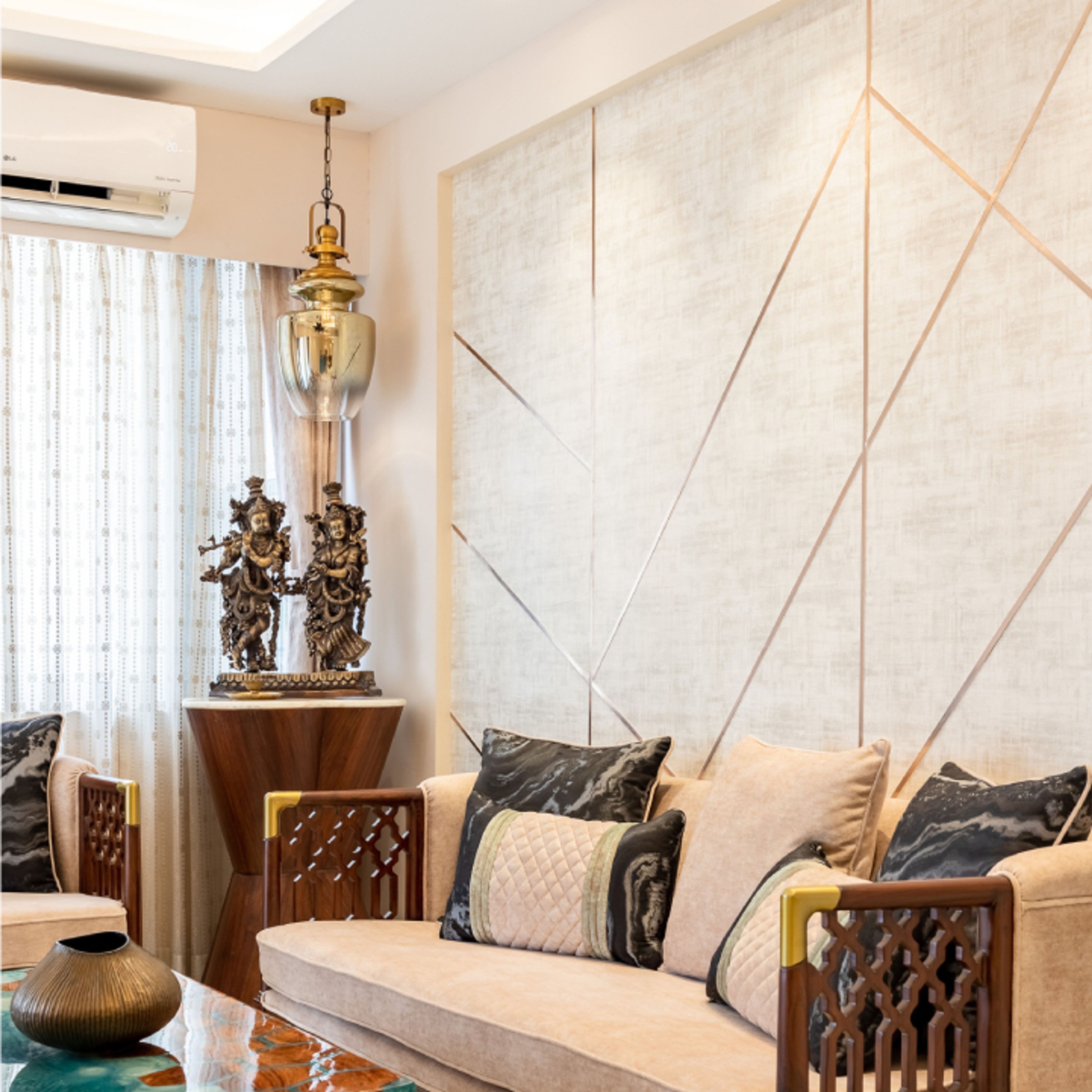 Textured Wallpaper Design For Living Room With Golden Inlays | Livspace