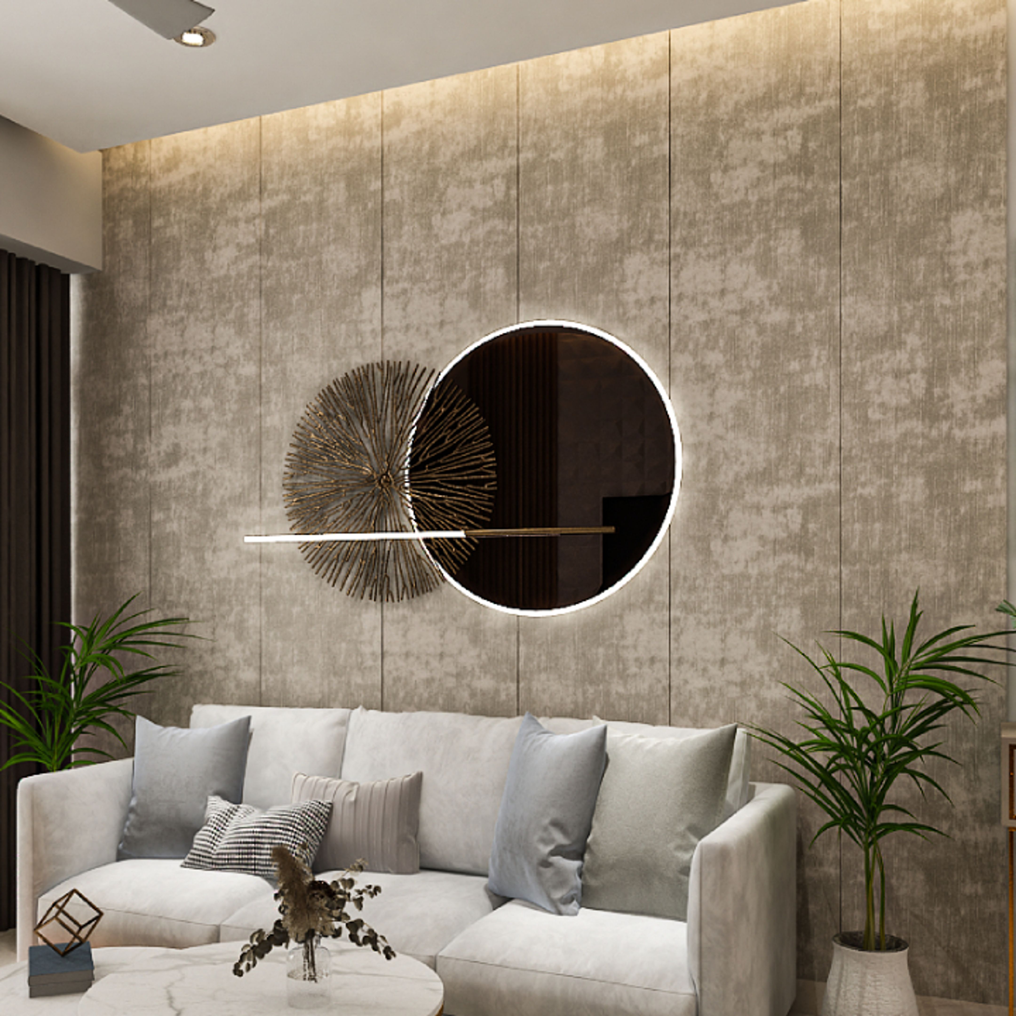 Textured Living Room Wallpaper Design With Cove Lights Livspace