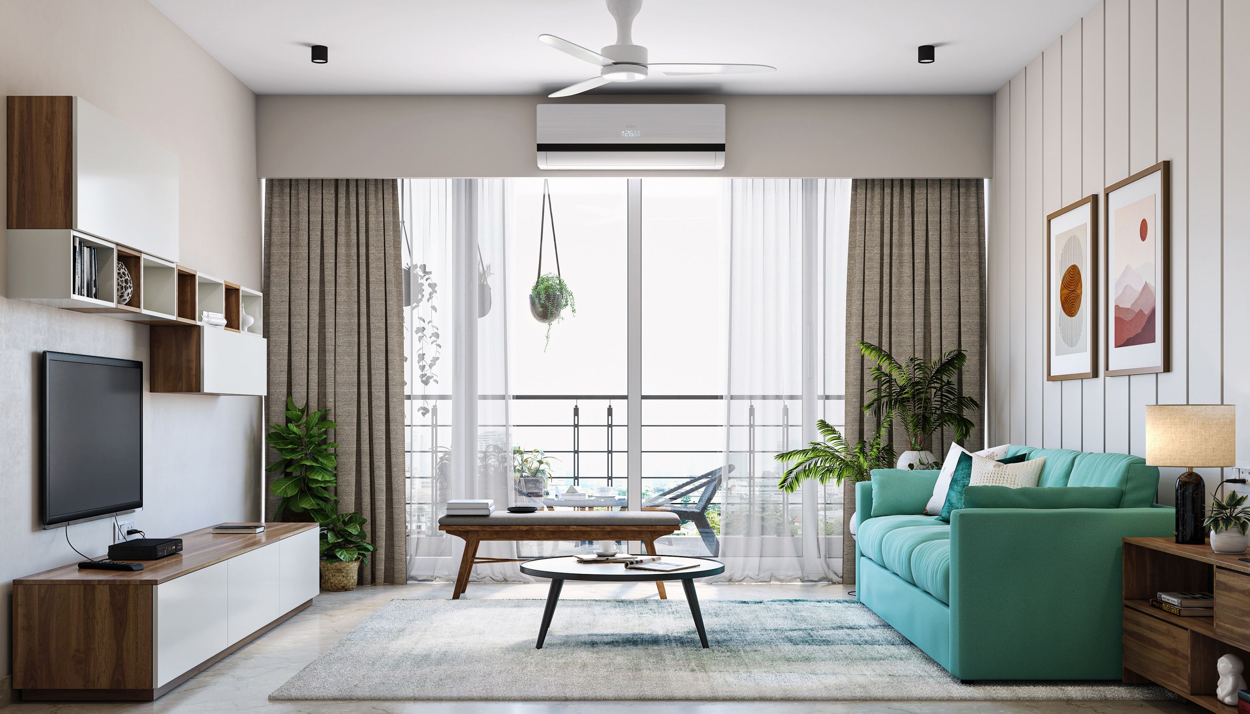Spacious Living Room Design With A Green Sofa | Livspace