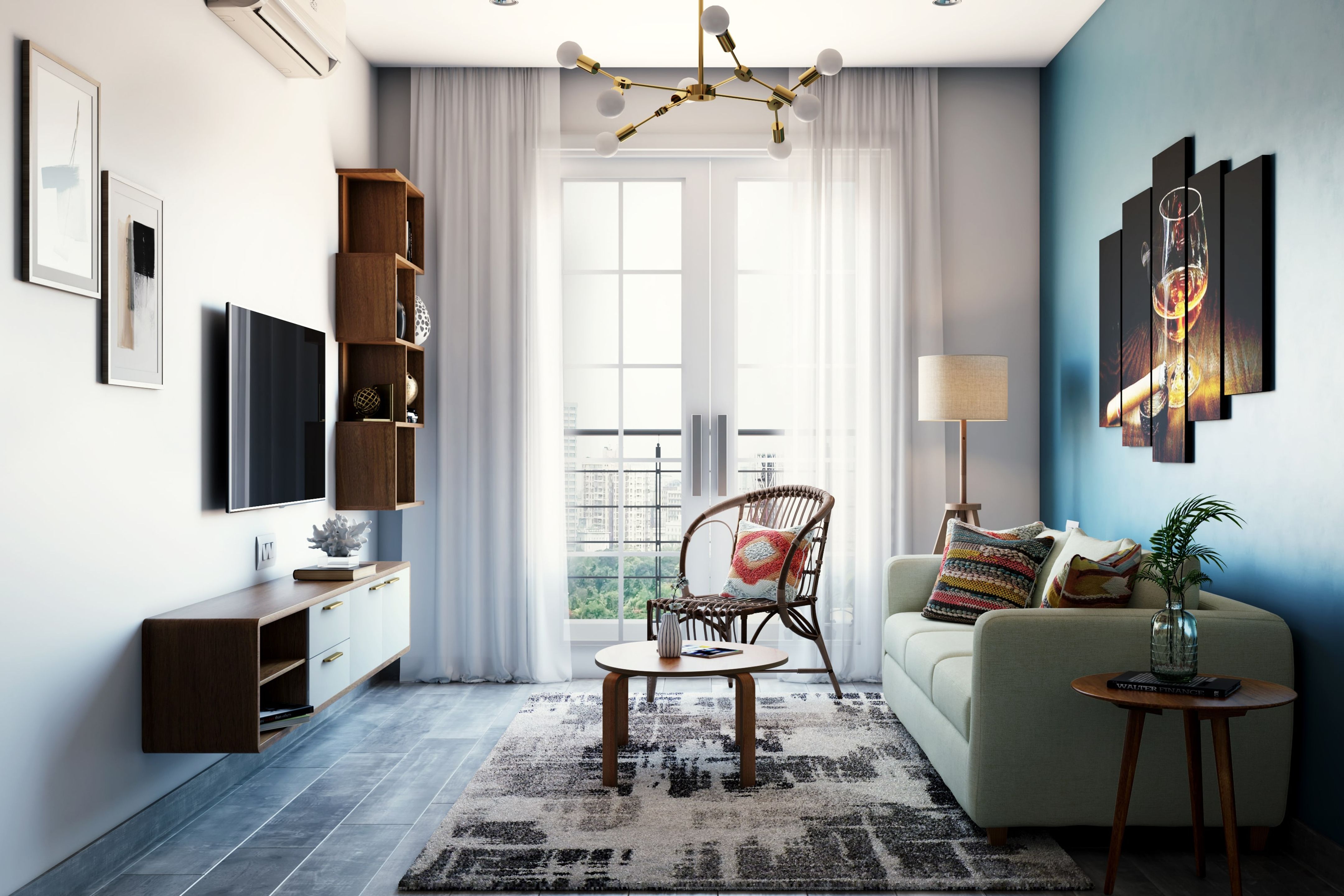 Spacious Living Room Design With A Wooden Wall-Mounted TV Unit | Livspace